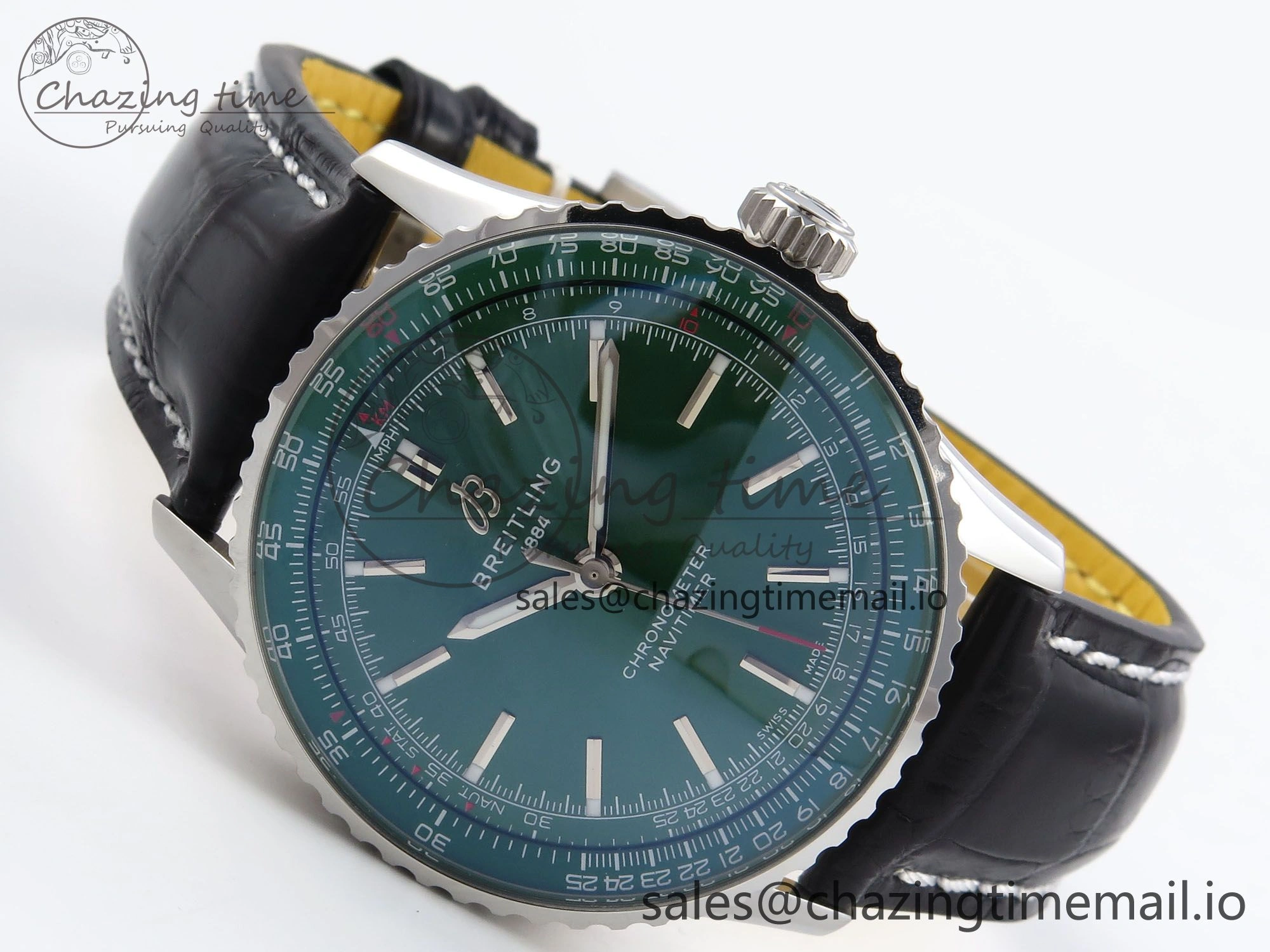 Navitimer Automatic SS 41mm TF 1:1 Best Edition Green Dial on Black Leather Strap A2824