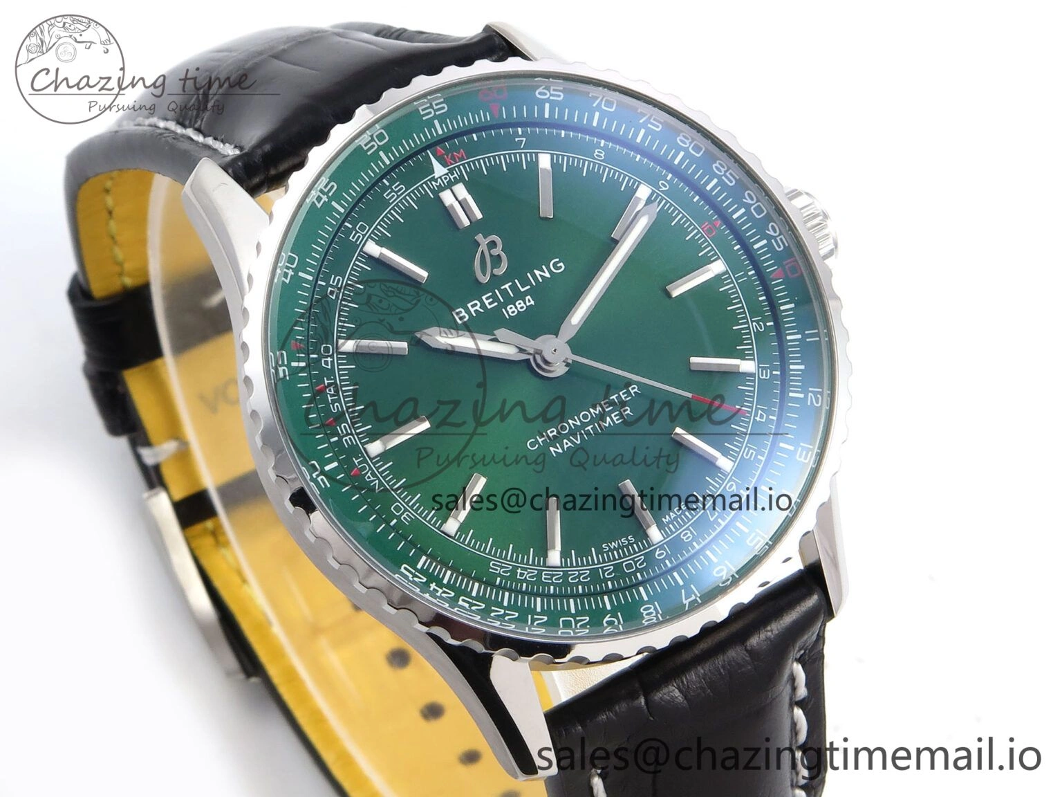 Navitimer Automatic SS 41mm TF 1:1 Best Edition Green Dial on Black Leather Strap A2824