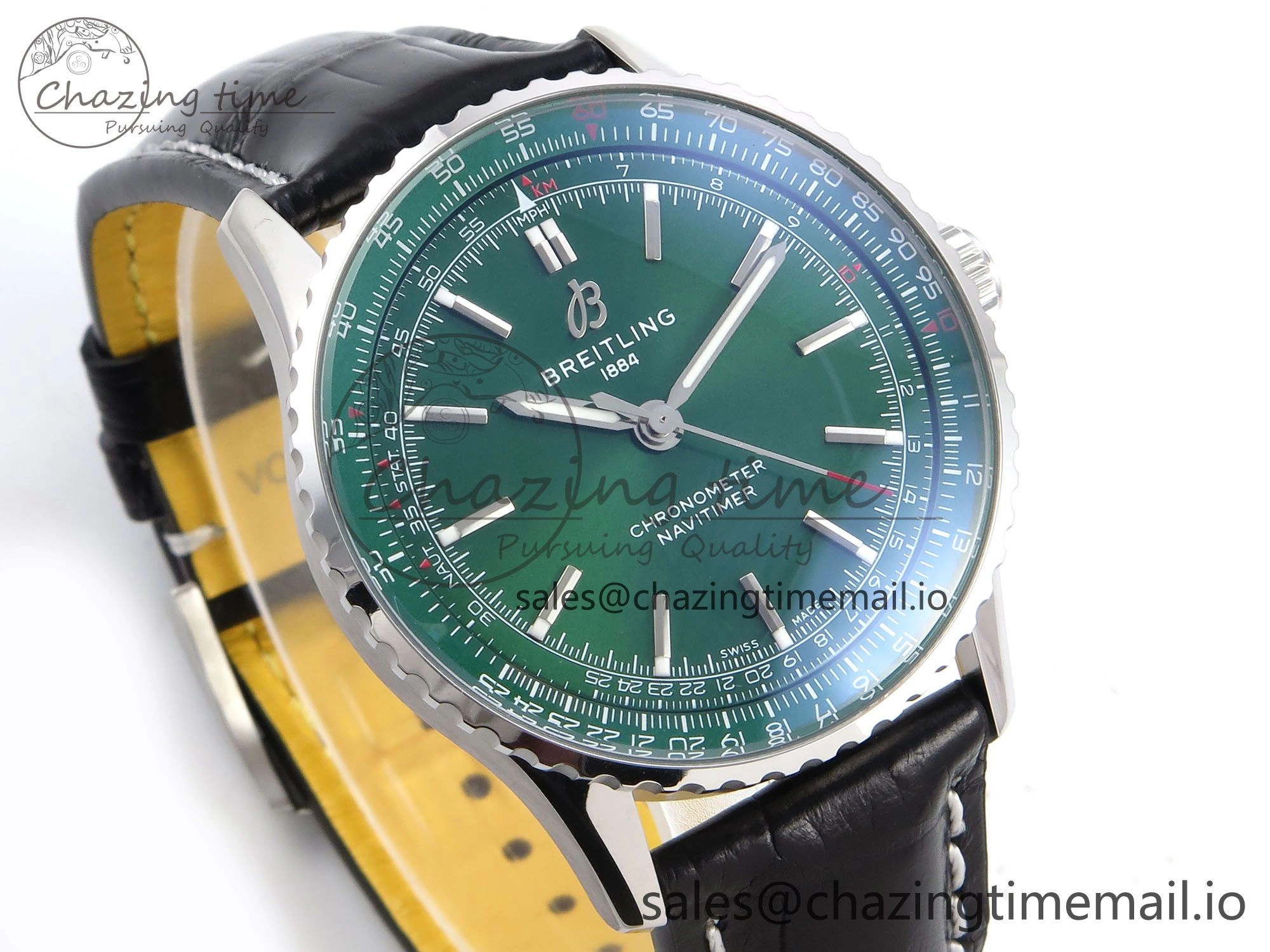Navitimer Automatic SS 41mm TF 1:1 Best Edition Green Dial on Black Leather Strap A2824