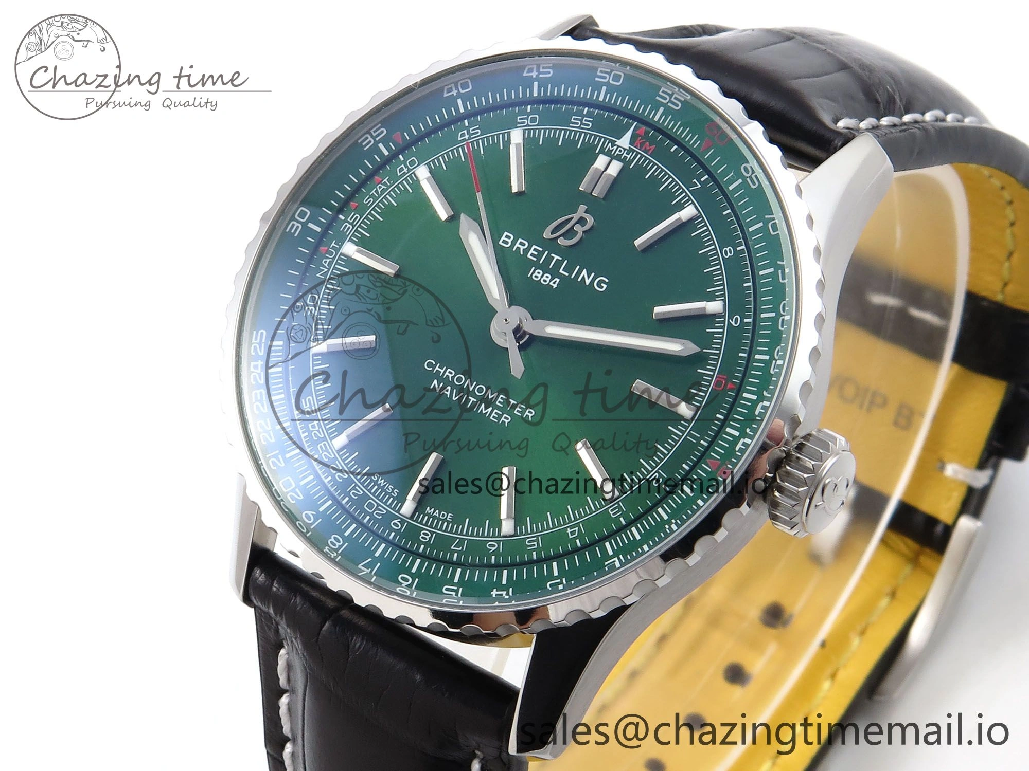 Navitimer Automatic SS 41mm TF 1:1 Best Edition Green Dial on Black Leather Strap A2824