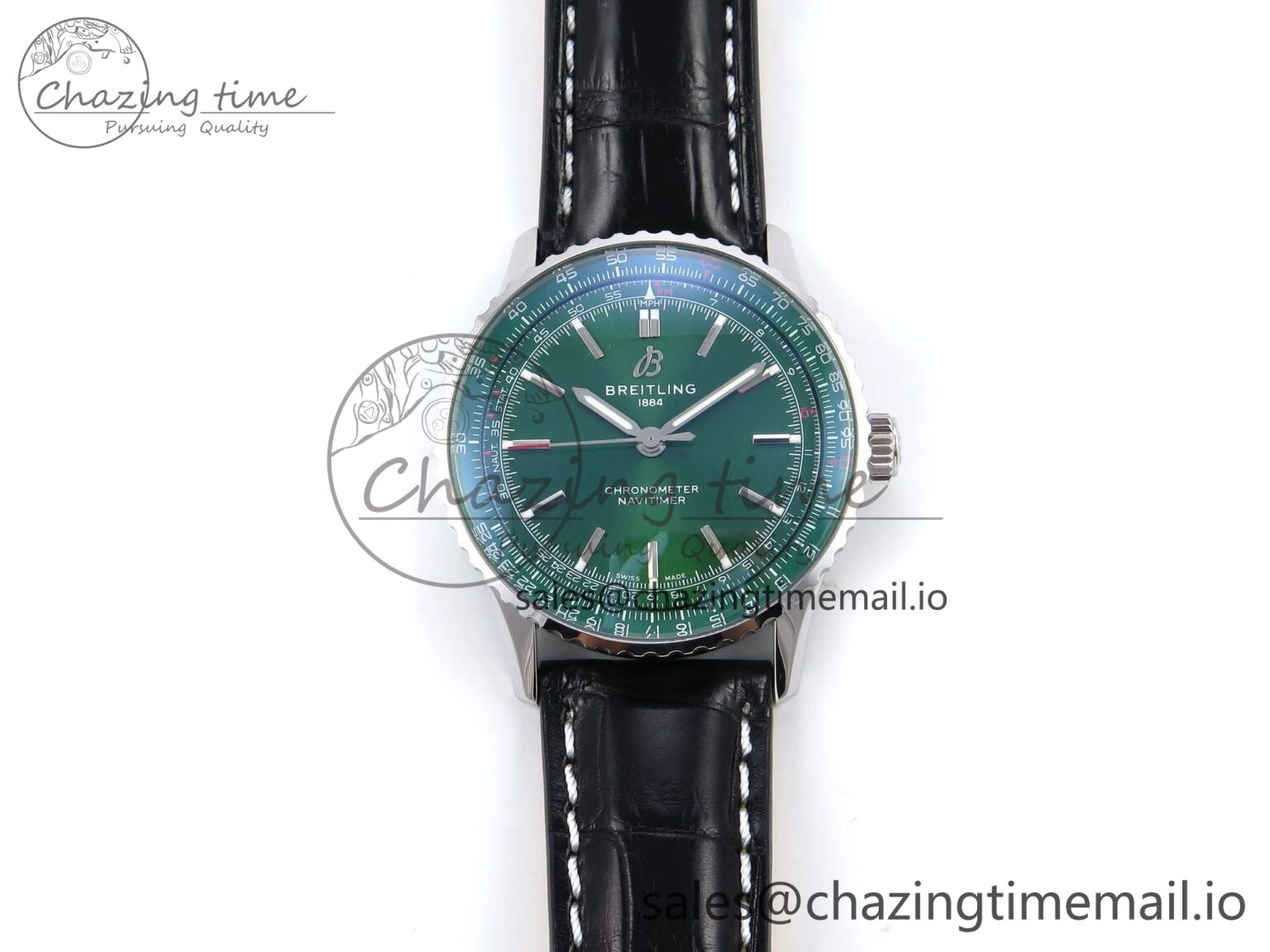 Navitimer Automatic SS 41mm TF 1:1 Best Edition Green Dial on Black Leather Strap A2824