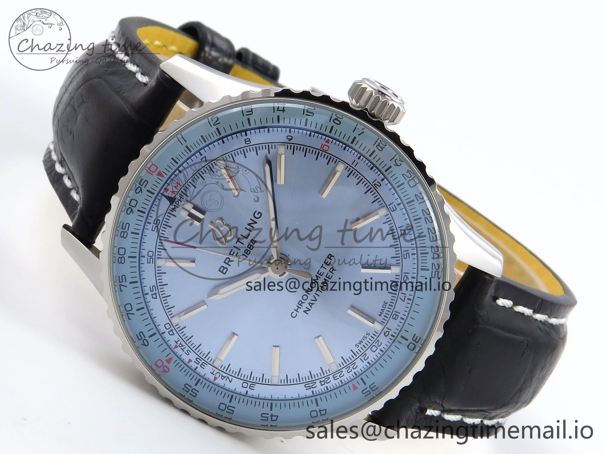 Navitimer Automatic SS 41mm TF 1:1 Best Edition Ice Blue Dial on Black Leather Strap A2824