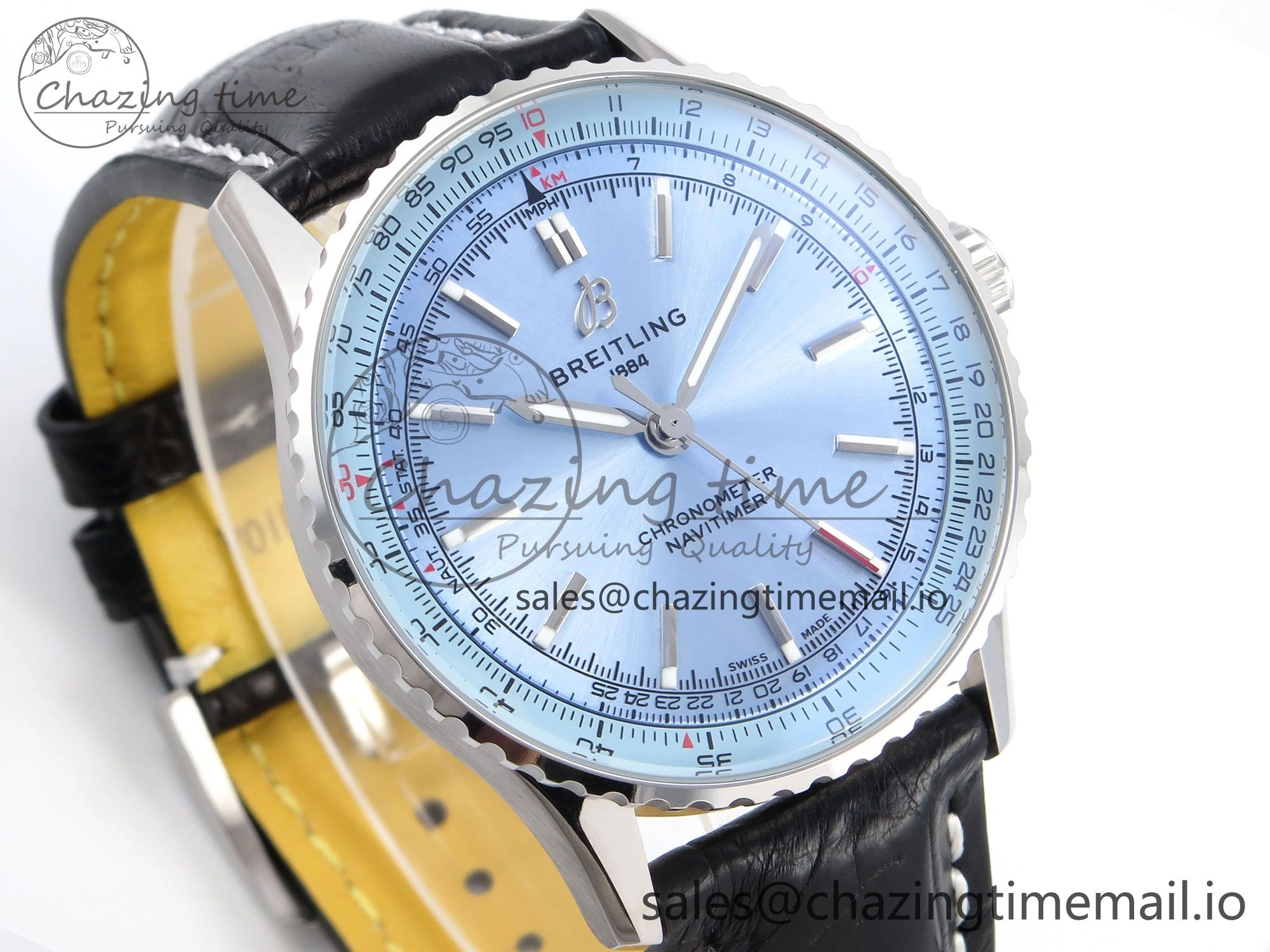 Navitimer Automatic SS 41mm TF 1:1 Best Edition Ice Blue Dial on Black Leather Strap A2824