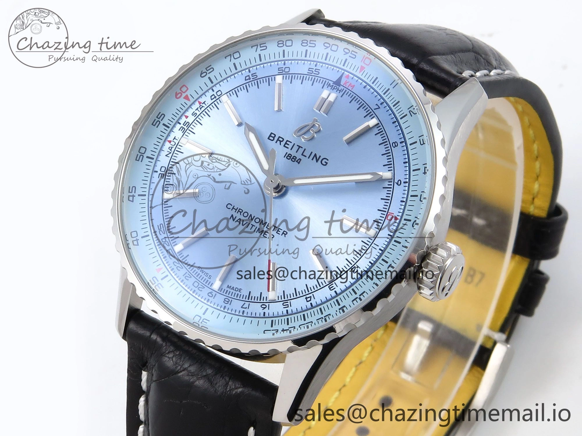Navitimer Automatic SS 41mm TF 1:1 Best Edition Ice Blue Dial on Black Leather Strap A2824