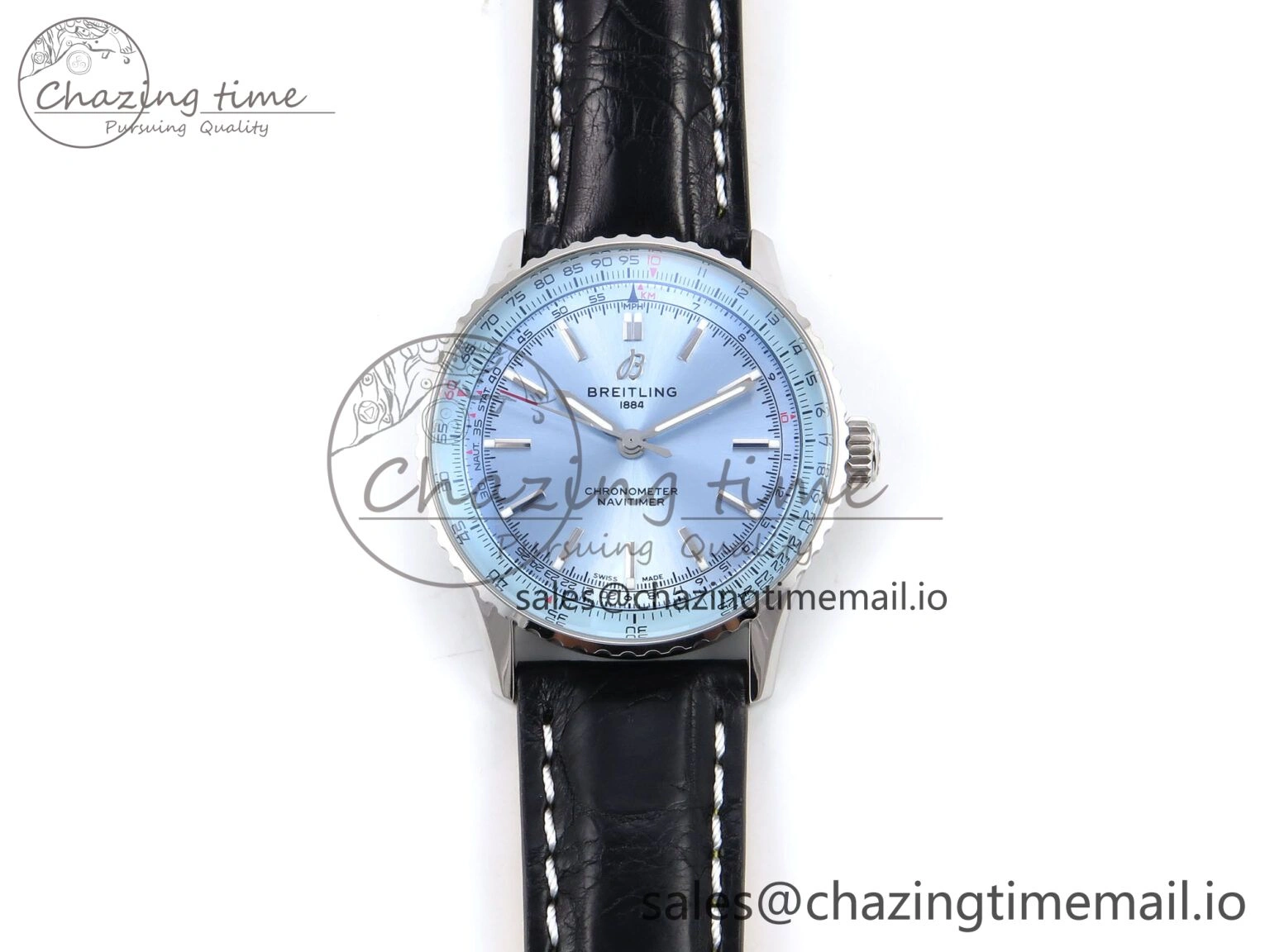 Navitimer Automatic SS 41mm TF 1:1 Best Edition Ice Blue Dial on Black Leather Strap A2824