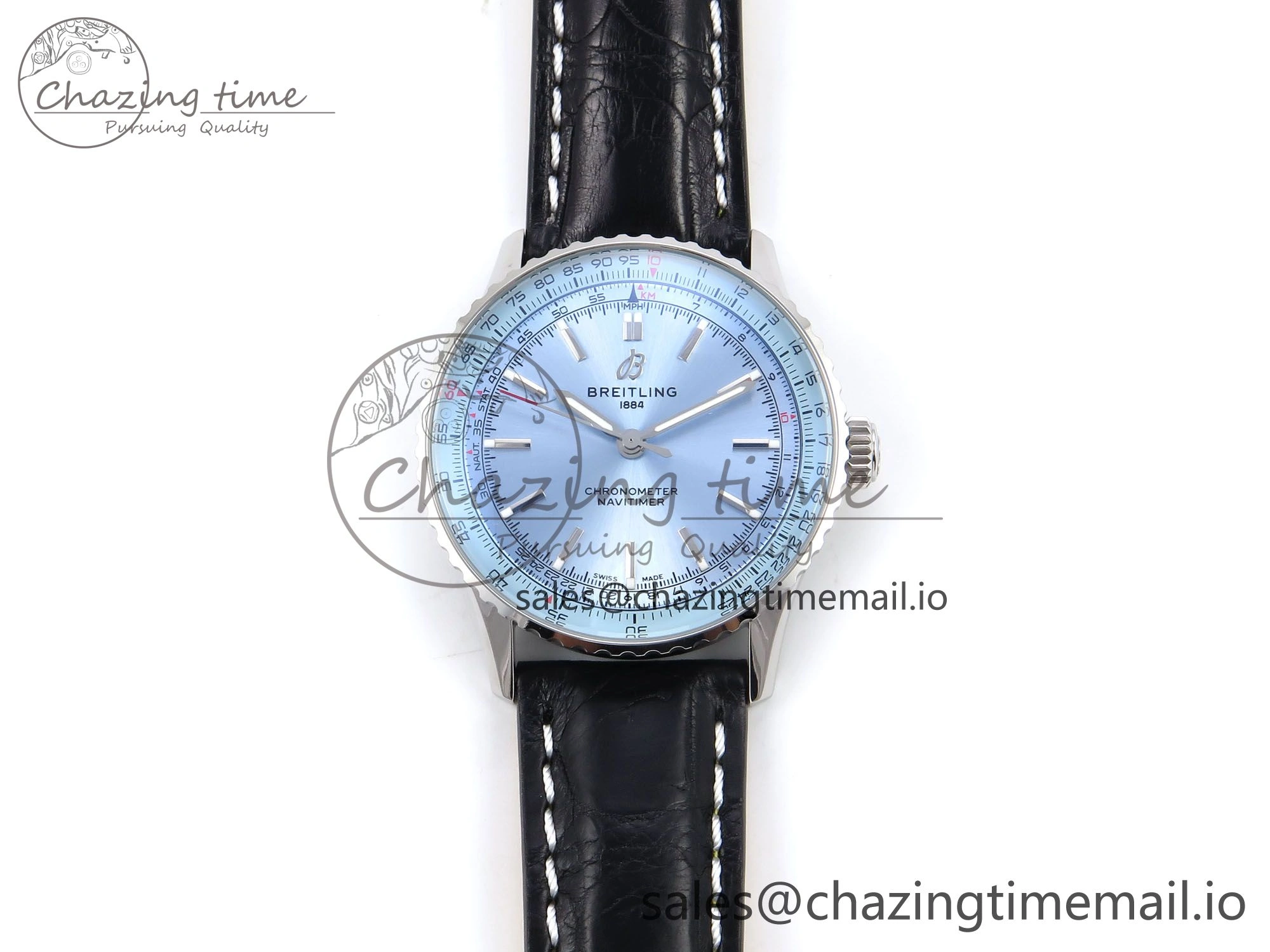 Navitimer Automatic SS 41mm TF 1:1 Best Edition Ice Blue Dial on Black Leather Strap A2824