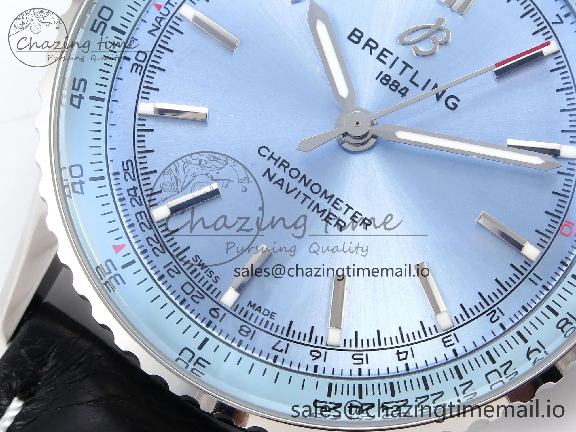 Navitimer Automatic SS 41mm TF 1:1 Best Edition Ice Blue Dial on Black Leather Strap A2824