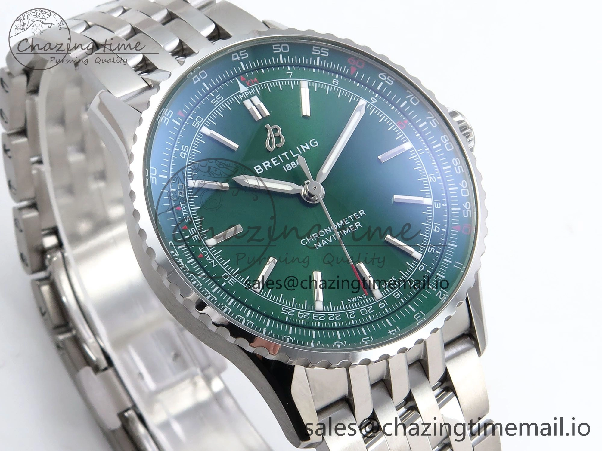 Navitimer Automatic SS 41mm TF 1:1 Best Edition SS Bezel Green Dial on SS Bracelet A2824
