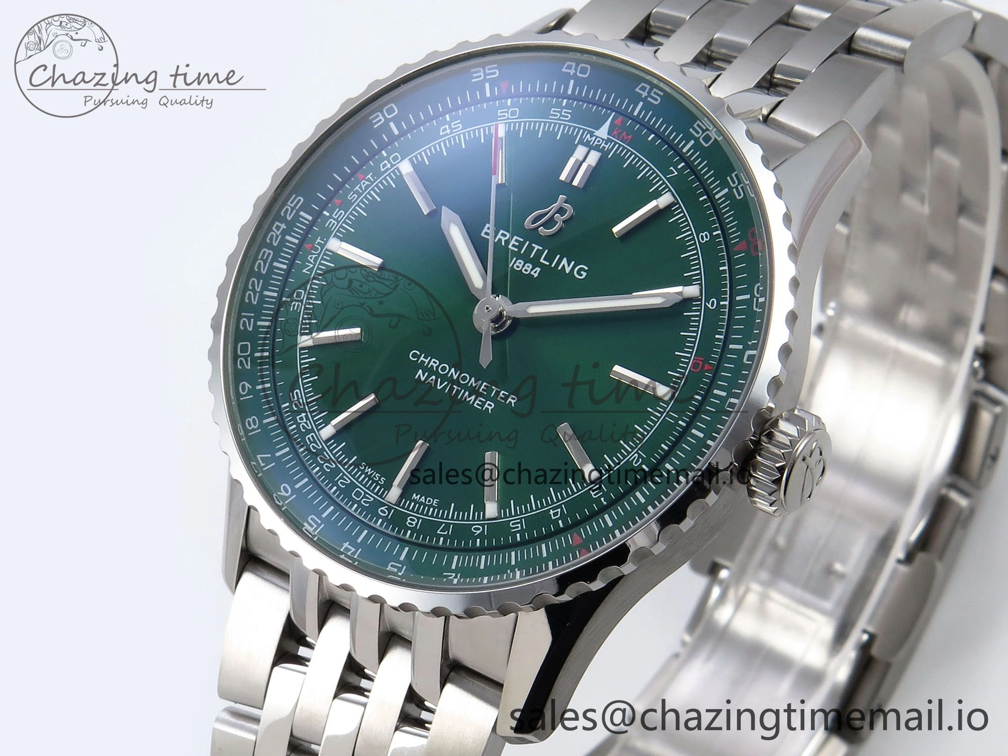 Navitimer Automatic SS 41mm TF 1:1 Best Edition SS Bezel Green Dial on SS Bracelet A2824
