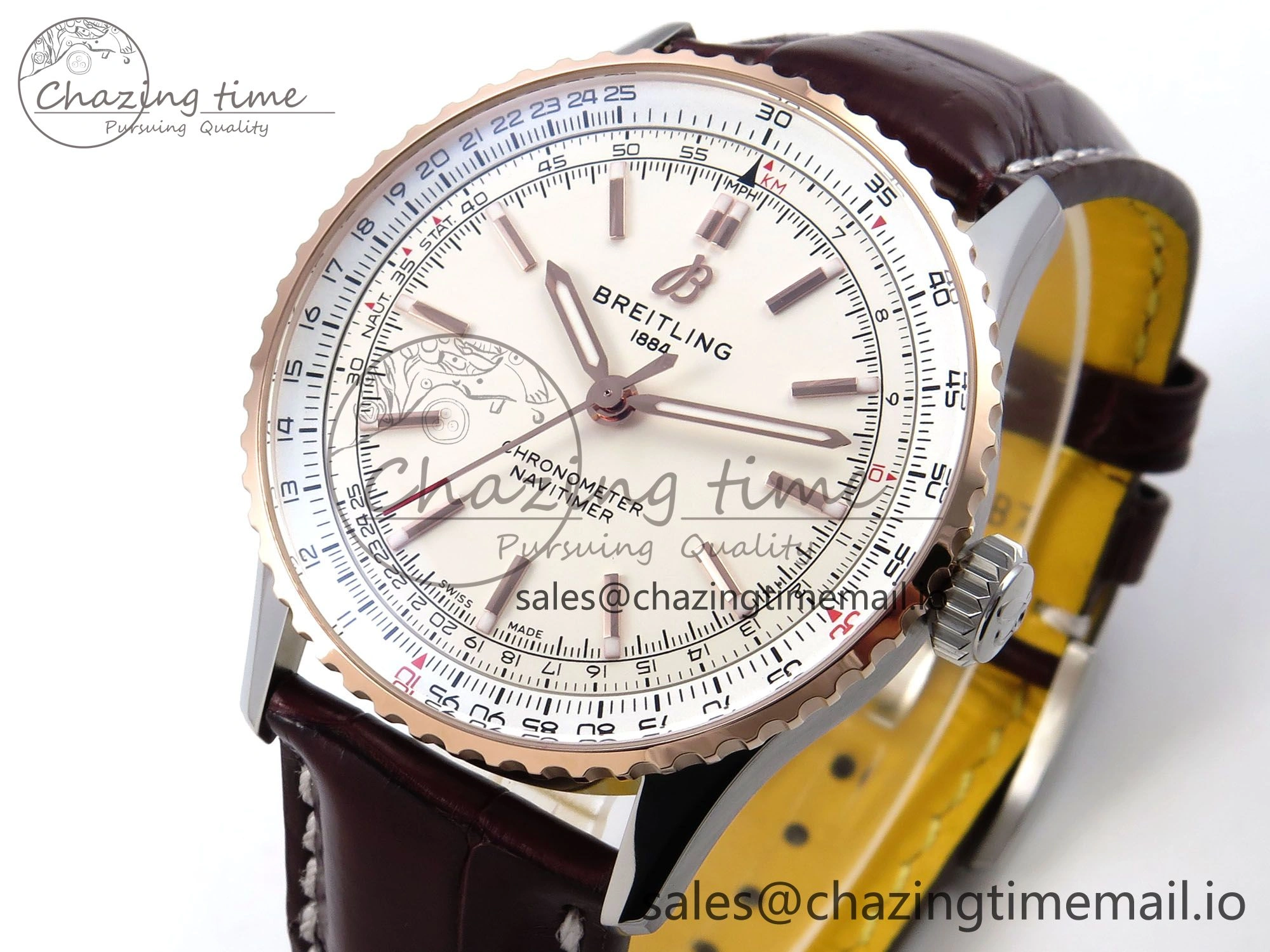 Navitimer Automatic SS RG 41mm TF 1:1 Best Edition White Dial on Brown Leather Strap A2824