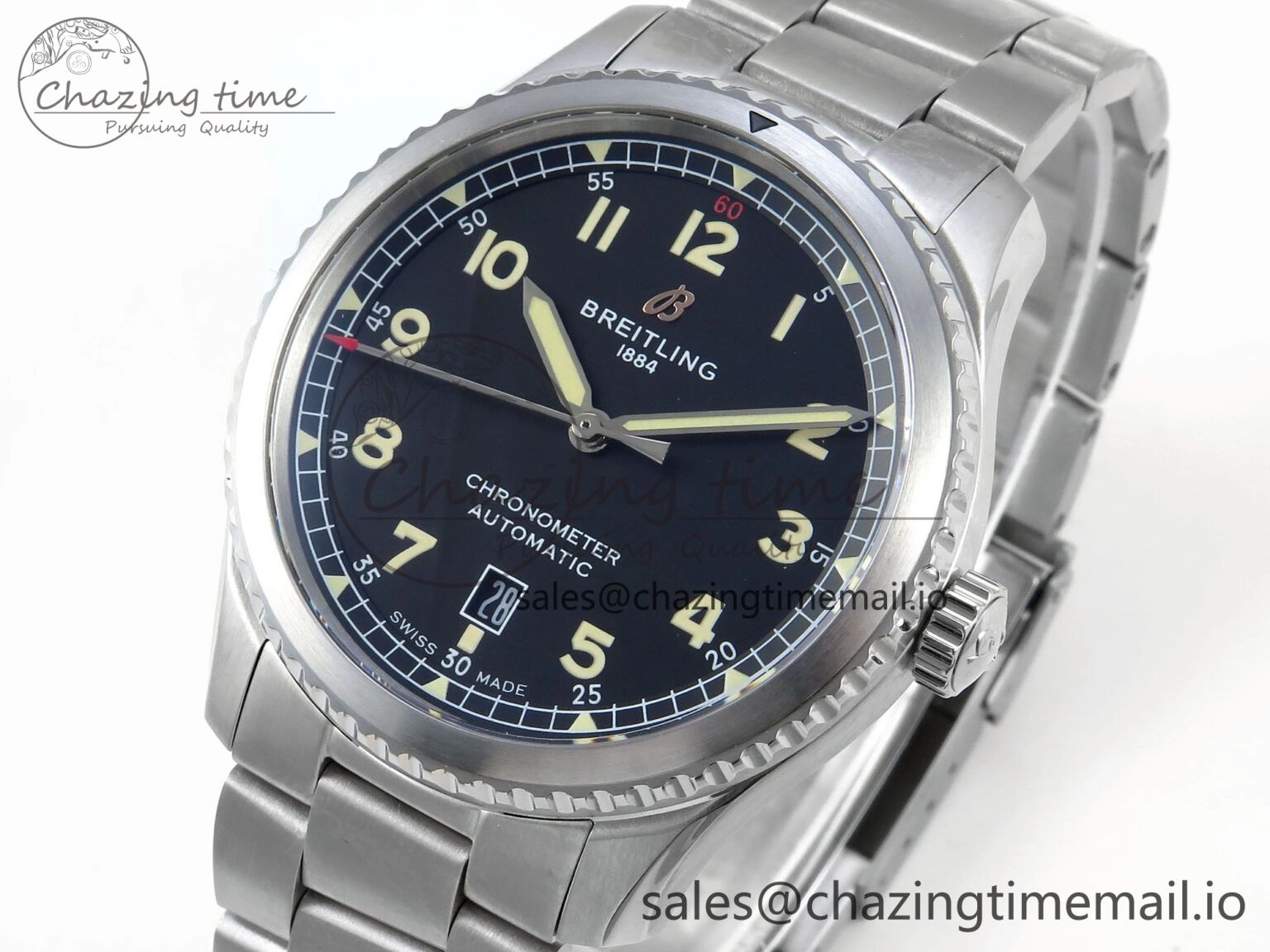 Navitimer Aviator 8 SS TF 1:1 Best Edition Black Dial on SS Bracelet A2824
