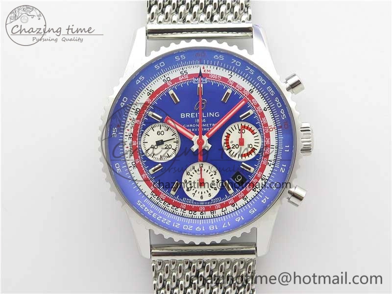 Navitimer B01 Chronograph 43 TWA Editioin SS OXF Blue Dial on SS Mesh Bracelet A7750