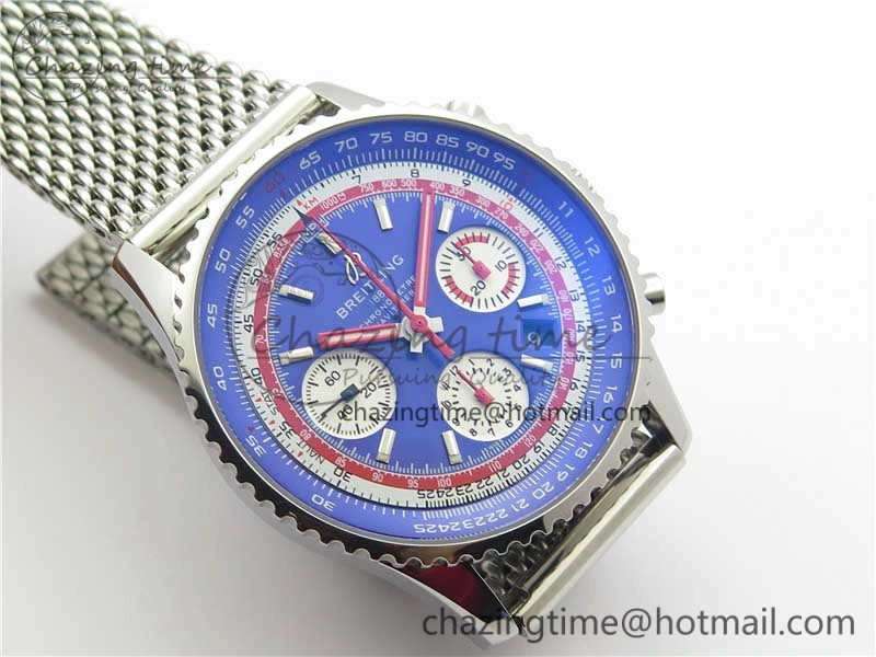 Navitimer B01 Chronograph 43 TWA Editioin SS OXF Blue Dial on SS Mesh Bracelet A7750