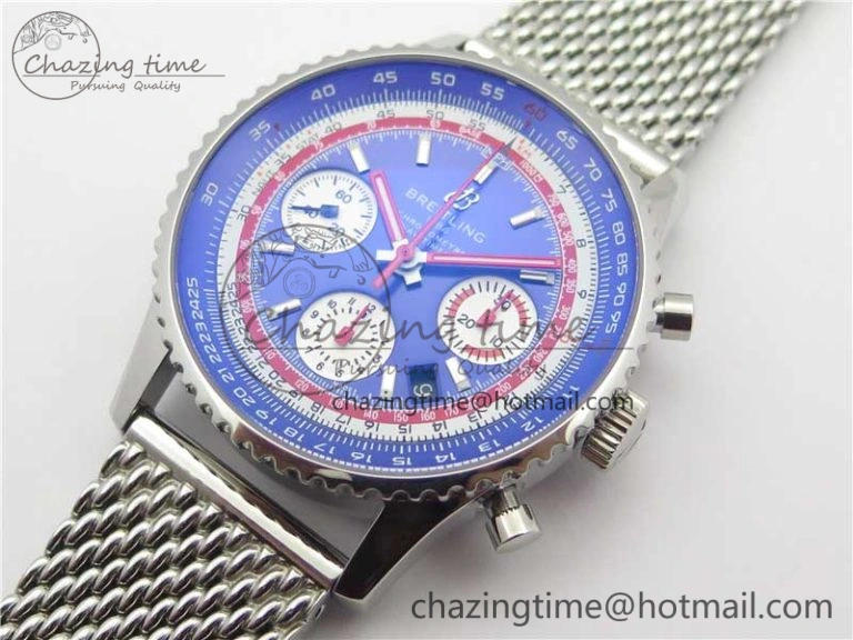Navitimer B01 Chronograph 43 TWA Editioin SS OXF Blue Dial on SS Mesh Bracelet A7750