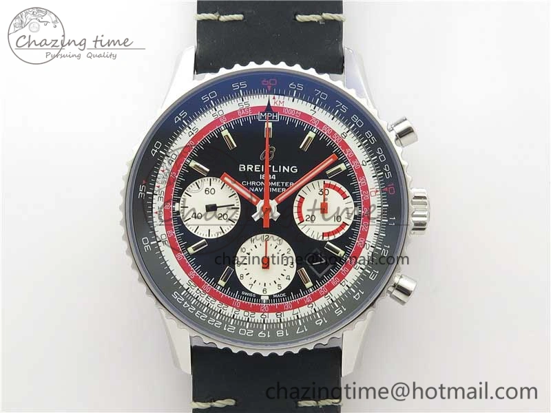 Navitimer B01 Chronograph 43 TWA Edition SS V9F 1:1 Black Dial on Black Leather Strap A7750