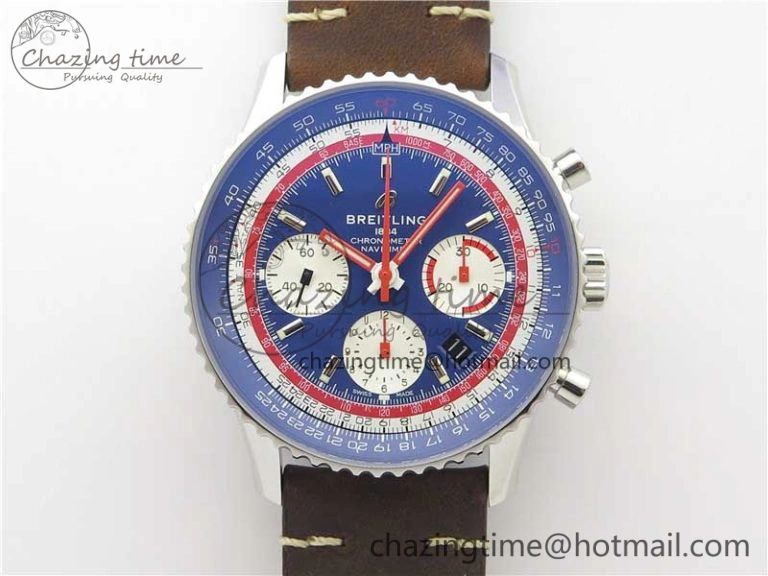 Navitimer B01 Chronograph 43 TWA Edition SS V9F 1:1 Blue Dial on Brown Leather Strap A7750
