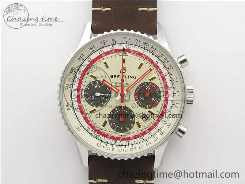 Navitimer B01 Chronograph 43 TWA Edition SS V9F 1:1 White Dial on Brown Leather Strap A7750