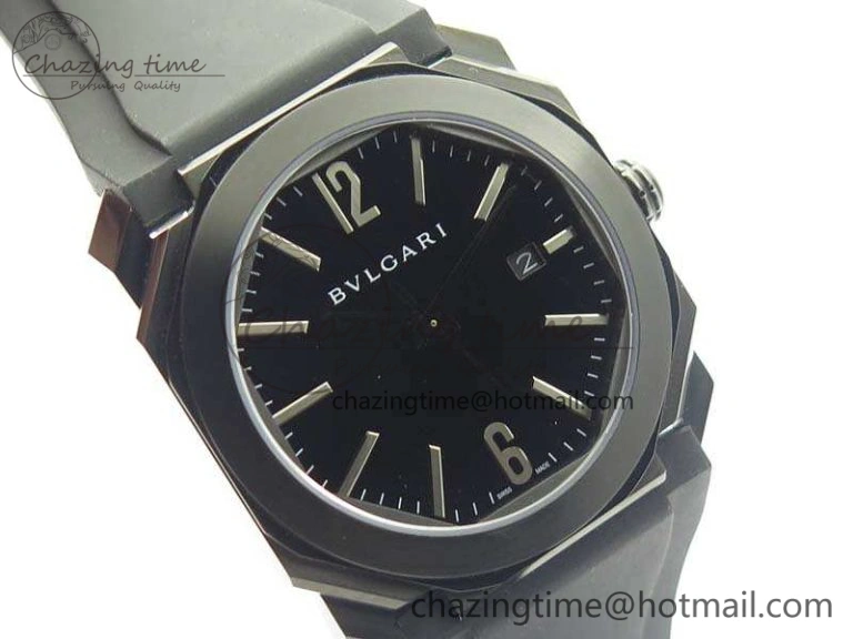 OCTO DLC JL 1:1 Best Edition Black Dial Silver Markers On Rubber Strap BVL193 ( Free Leather Strap)