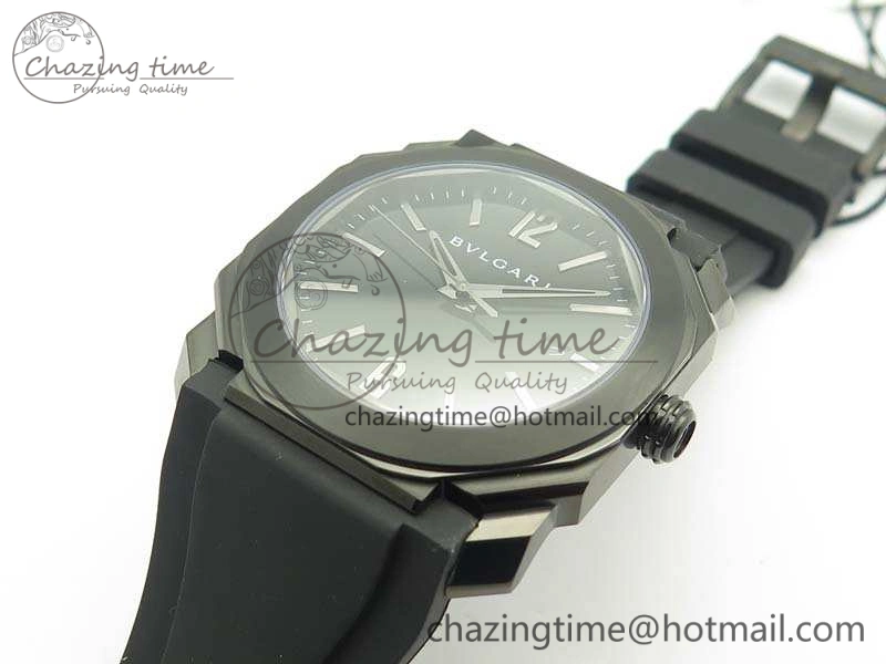OCTO DLC JL 1:1 Best Edition Black Dial Silver Markers On Rubber Strap BVL193 ( Free Leather Strap)