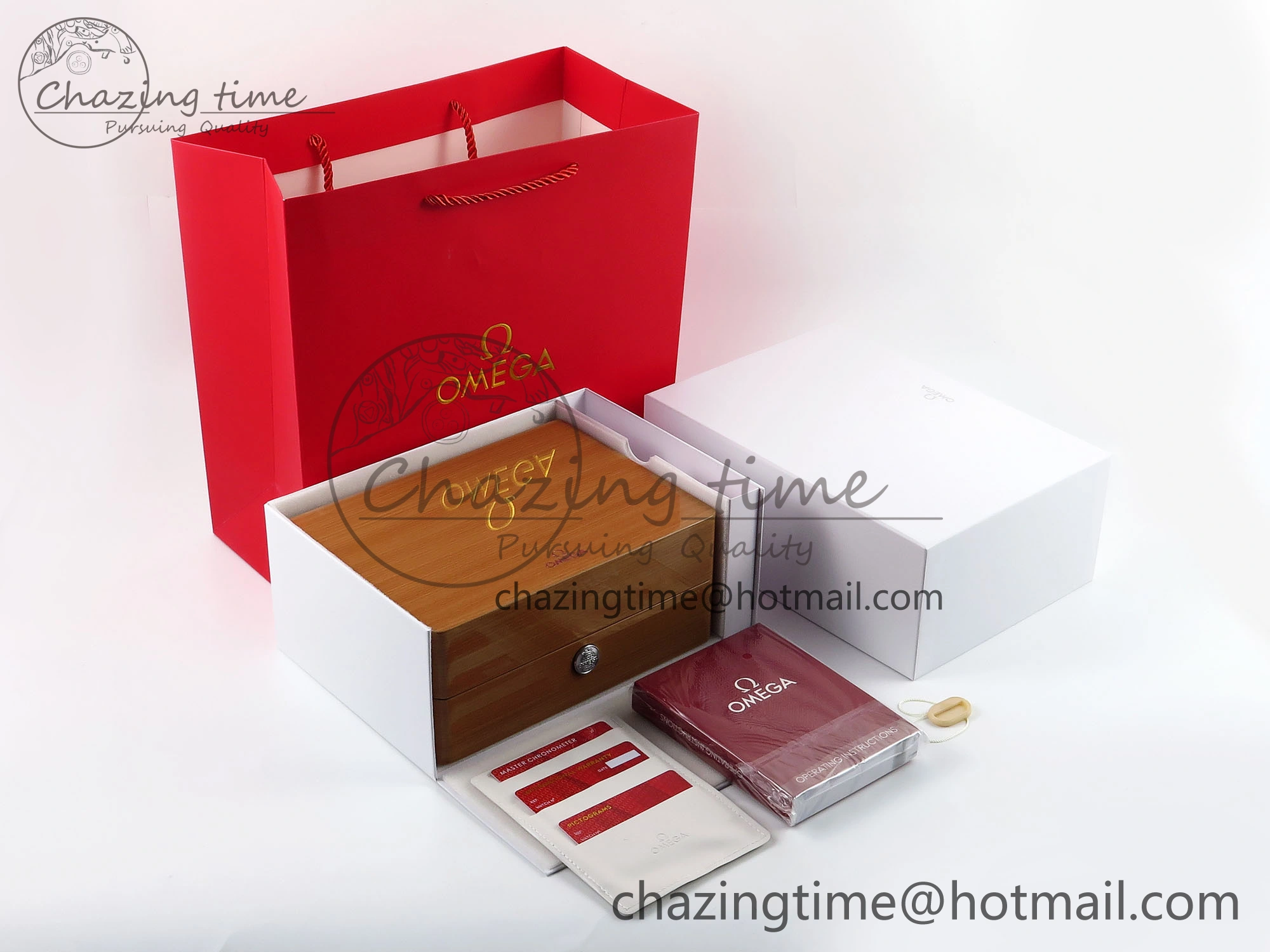 OMEGA WOODEN BOXSET WITH PAPERS & CARDS