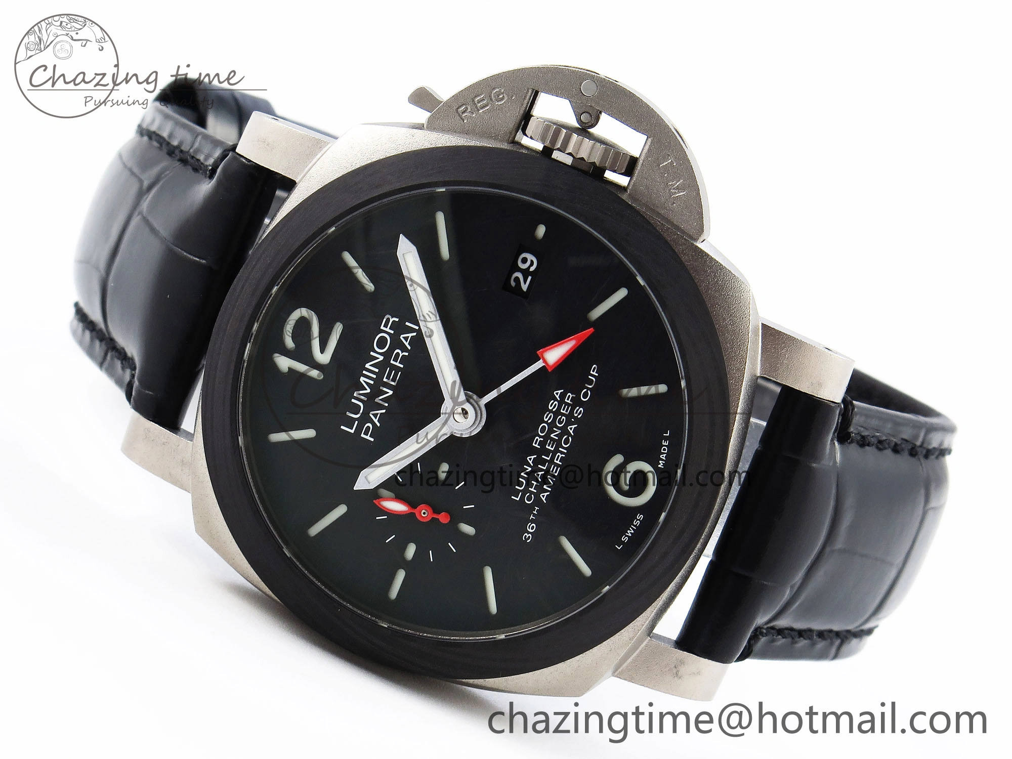 PAM1096 W LUMINOR GMT 42MM TITANIUM VSF 1:1 BEST EDITION BLACK DIAL ON BLACK LEATHER STRAP P.9011 SUPER CLONE