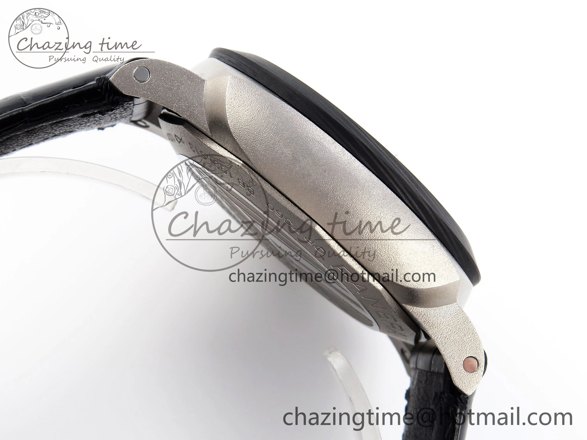 PAM1096 W LUMINOR GMT 42MM TITANIUM VSF 1:1 BEST EDITION BLACK DIAL ON BLACK LEATHER STRAP P.9011 SUPER CLONE