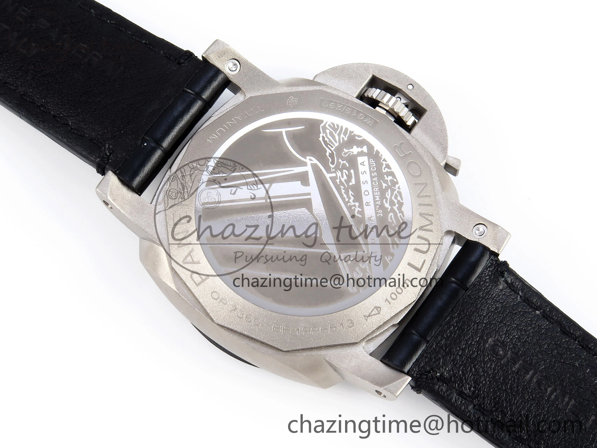 PAM1096 W LUMINOR GMT 42MM TITANIUM VSF 1:1 BEST EDITION BLACK DIAL ON BLACK LEATHER STRAP P.9011 SUPER CLONE