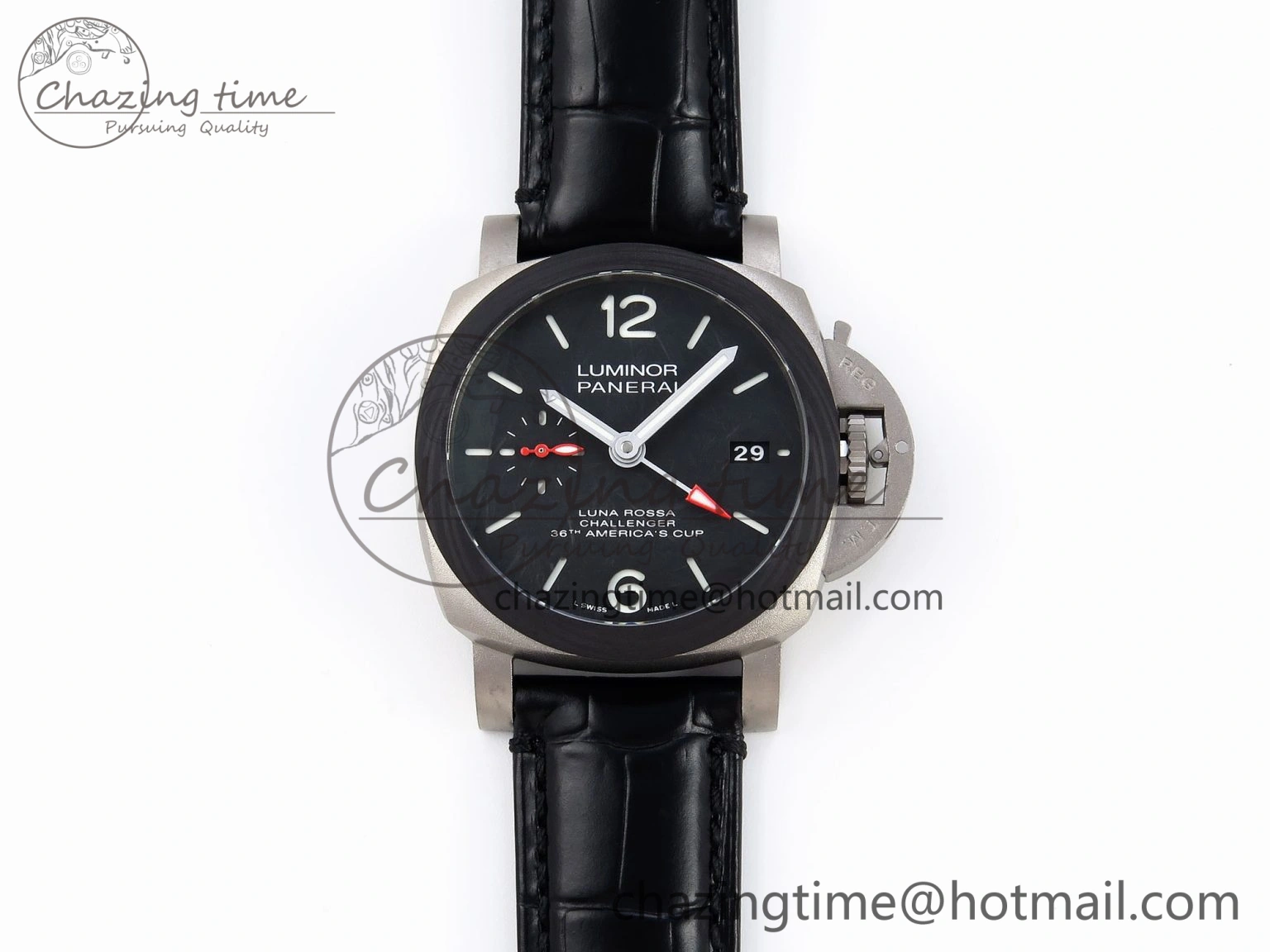 PAM1096 W LUMINOR GMT 42MM TITANIUM VSF 1:1 BEST EDITION BLACK DIAL ON BLACK LEATHER STRAP P.9011 SUPER CLONE