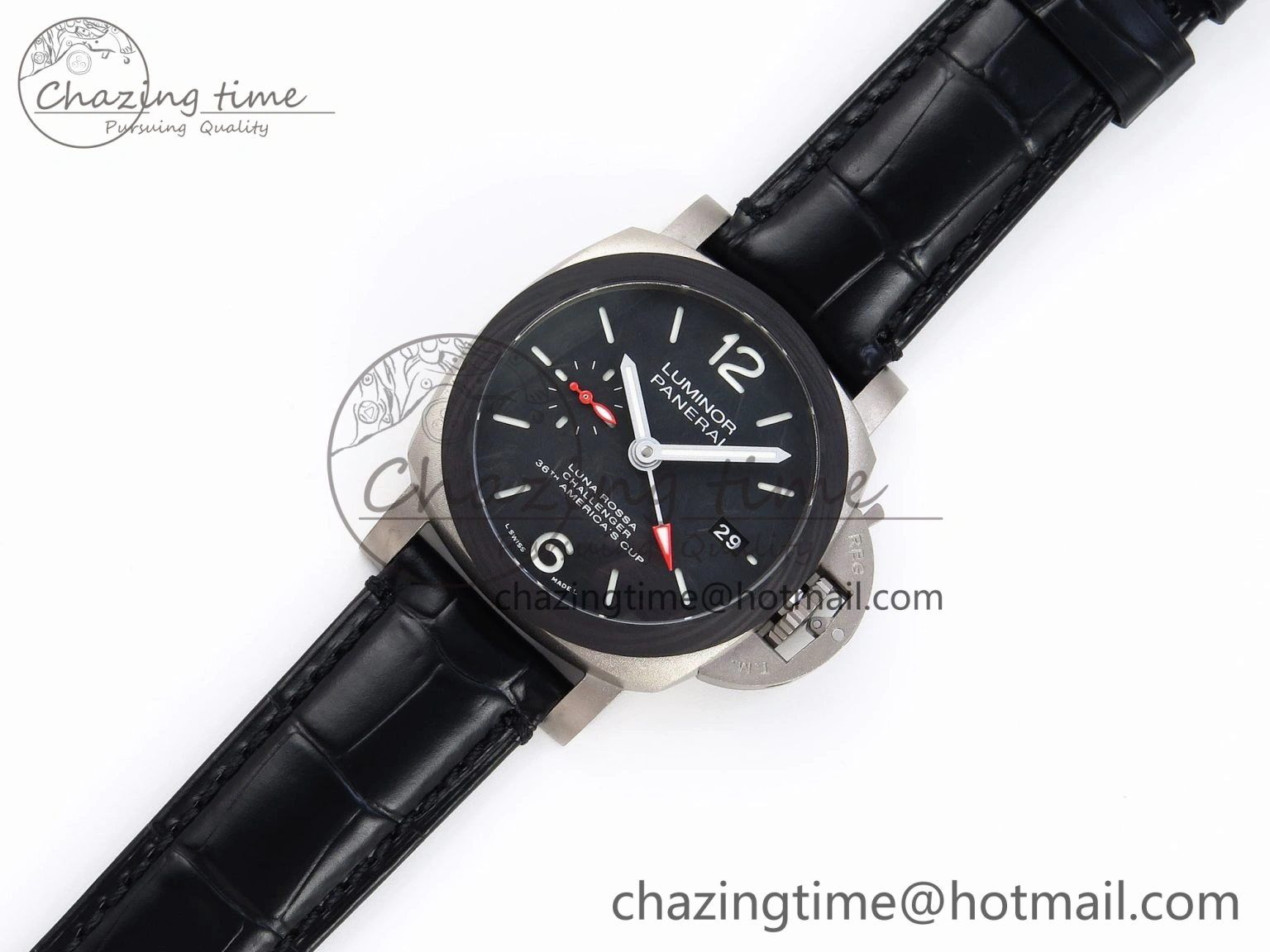 PAM1096 W LUMINOR GMT 42MM TITANIUM VSF 1:1 BEST EDITION BLACK DIAL ON BLACK LEATHER STRAP P.9011 SUPER CLONE