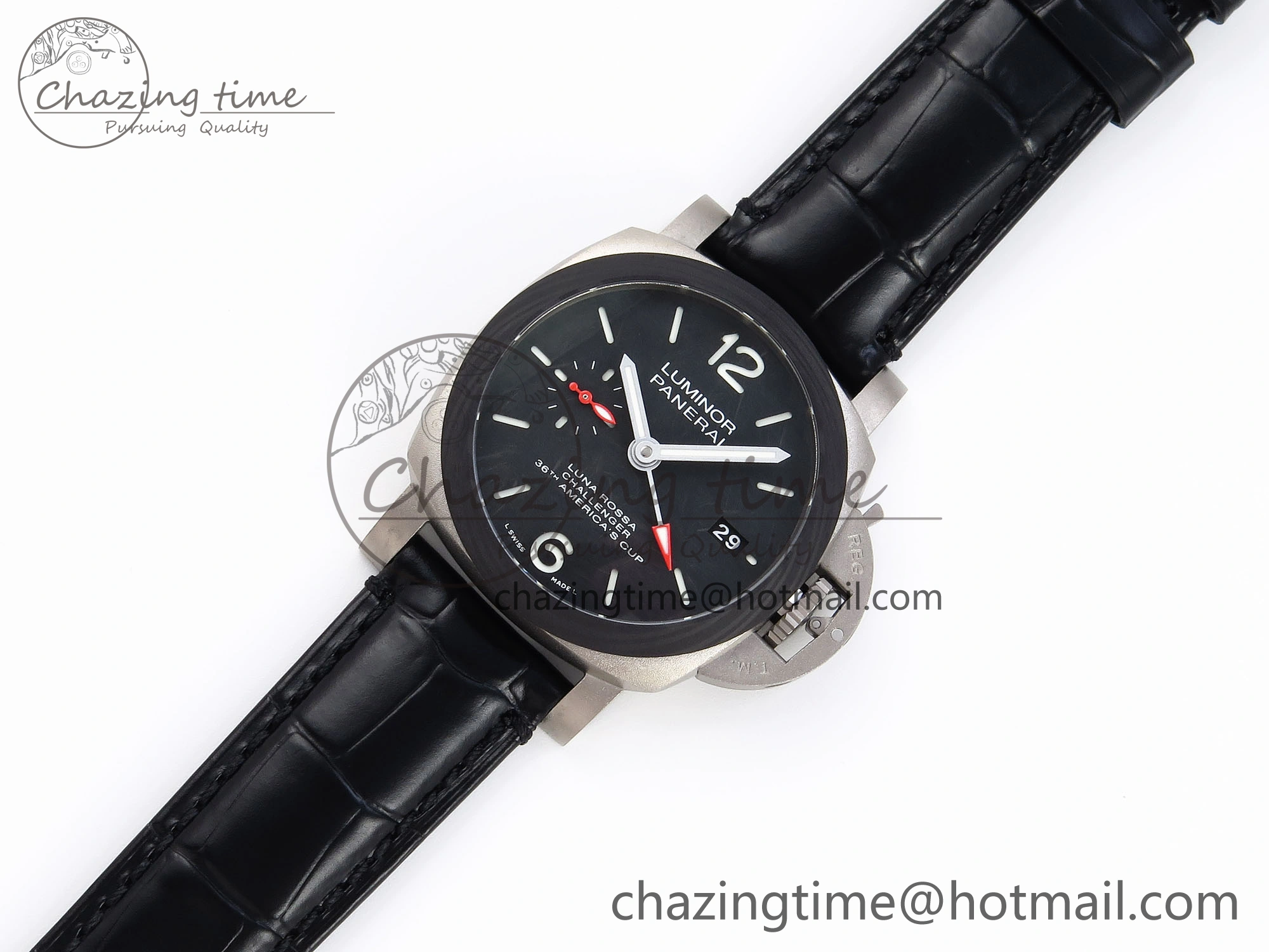 PAM1096 W LUMINOR GMT 42MM TITANIUM VSF 1:1 BEST EDITION BLACK DIAL ON BLACK LEATHER STRAP P.9011 SUPER CLONE