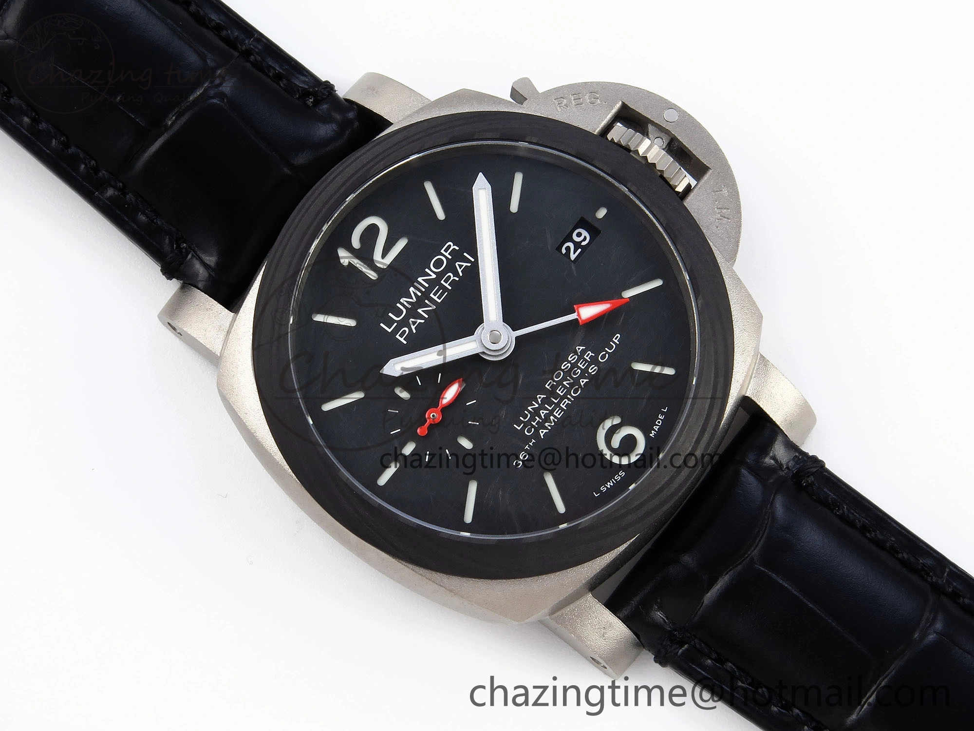 PAM1096 W LUMINOR GMT 42MM TITANIUM VSF 1:1 BEST EDITION BLACK DIAL ON BLACK LEATHER STRAP P.9011 SUPER CLONE
