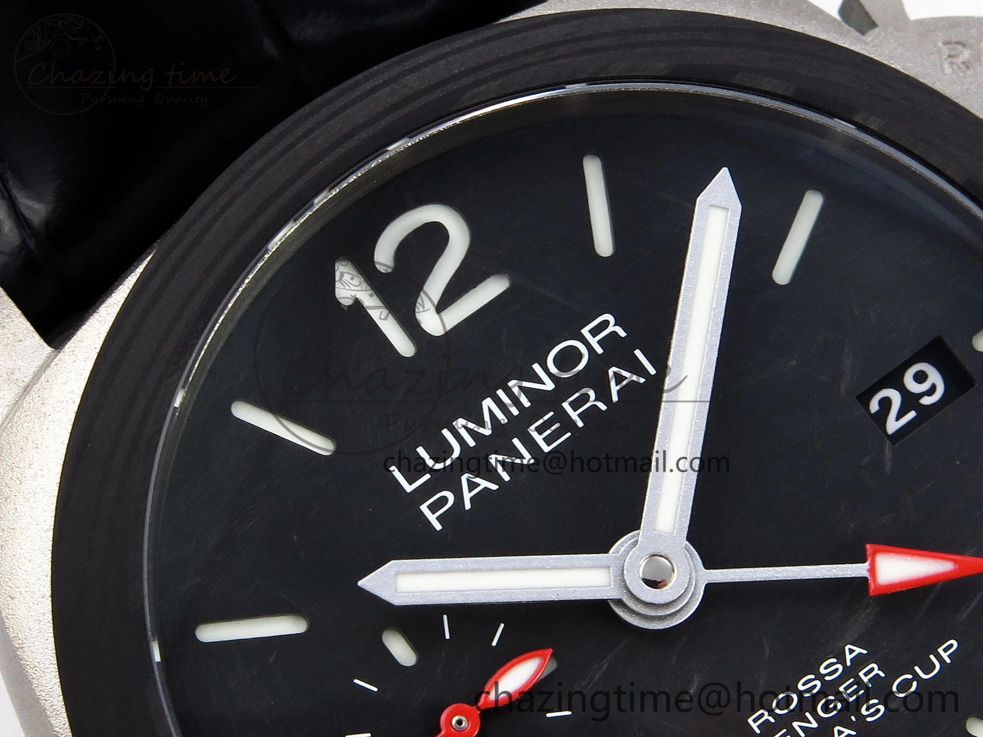 PAM1096 W LUMINOR GMT 42MM TITANIUM VSF 1:1 BEST EDITION BLACK DIAL ON BLACK LEATHER STRAP P.9011 SUPER CLONE