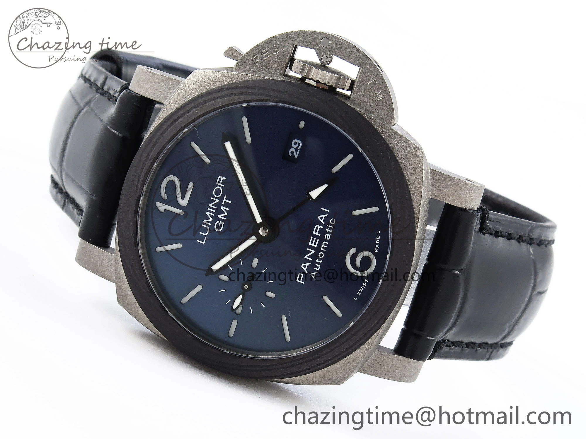 PAM1279 X LUMINOR GMT 42MM TITANIUM VSF 1:1 BEST EDITION BLUE DIAL ON BLACK LEATHER STRAP P.9011 SUPER CLONE