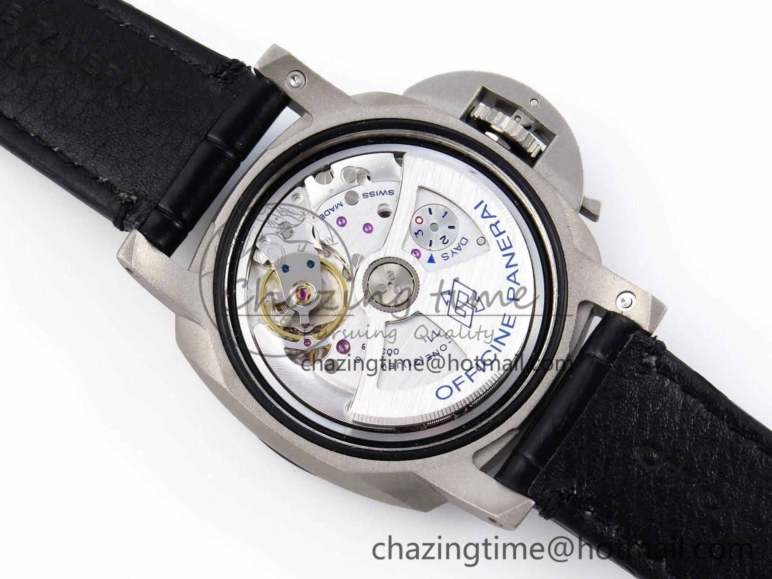 PAM1279 X LUMINOR GMT 42MM TITANIUM VSF 1:1 BEST EDITION BLUE DIAL ON BLACK LEATHER STRAP P.9011 SUPER CLONE