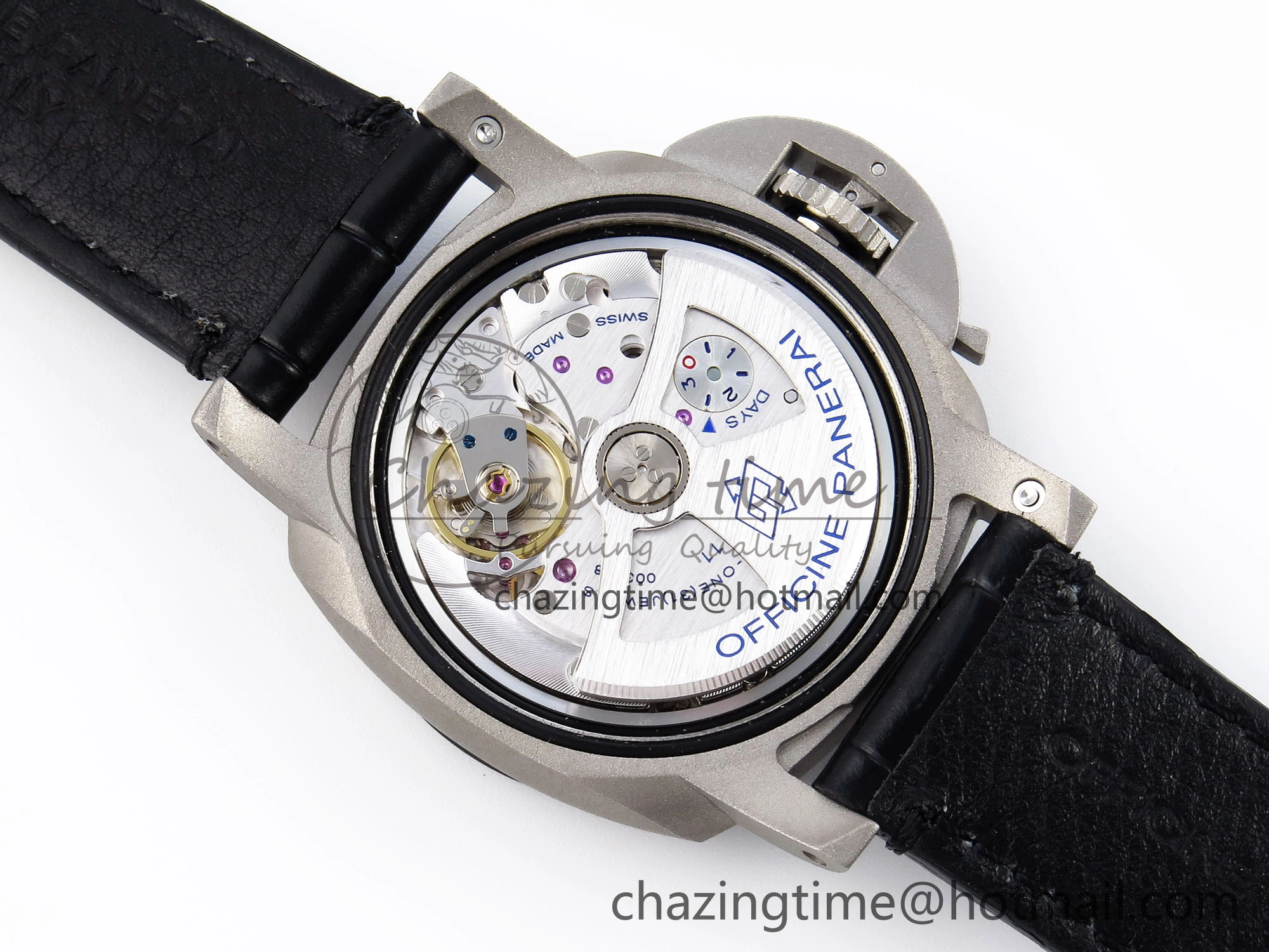 PAM1279 X LUMINOR GMT 42MM TITANIUM VSF 1:1 BEST EDITION BLUE DIAL ON BLACK LEATHER STRAP P.9011 SUPER CLONE
