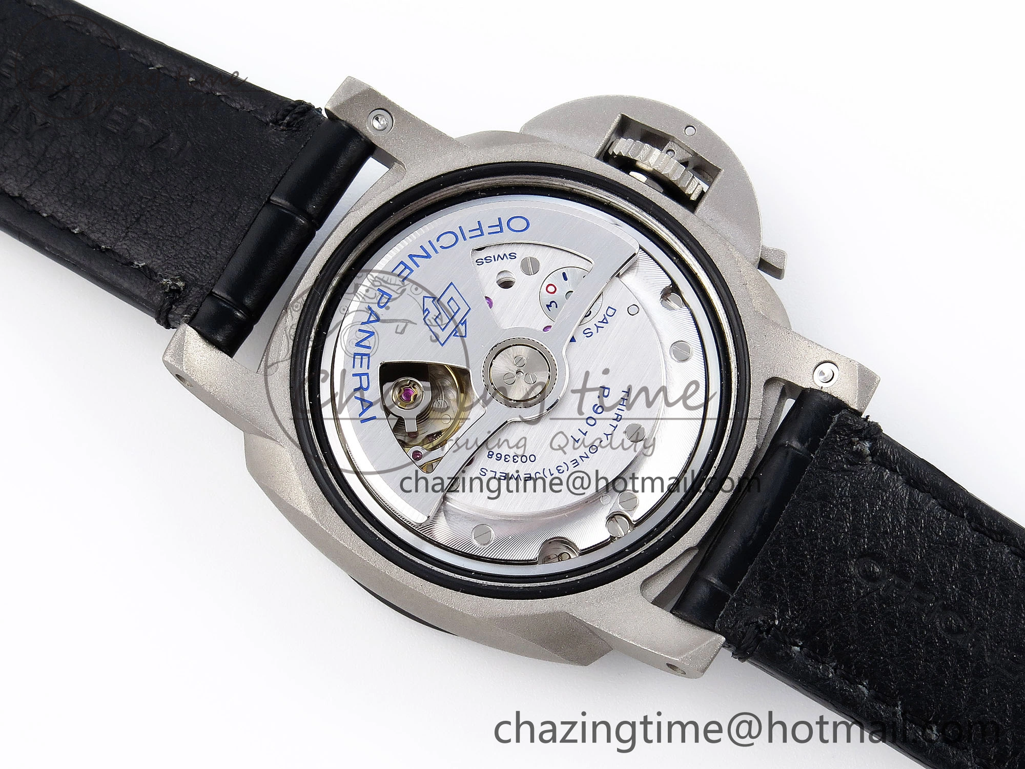 PAM1279 X LUMINOR GMT 42MM TITANIUM VSF 1:1 BEST EDITION BLUE DIAL ON BLACK LEATHER STRAP P.9011 SUPER CLONE