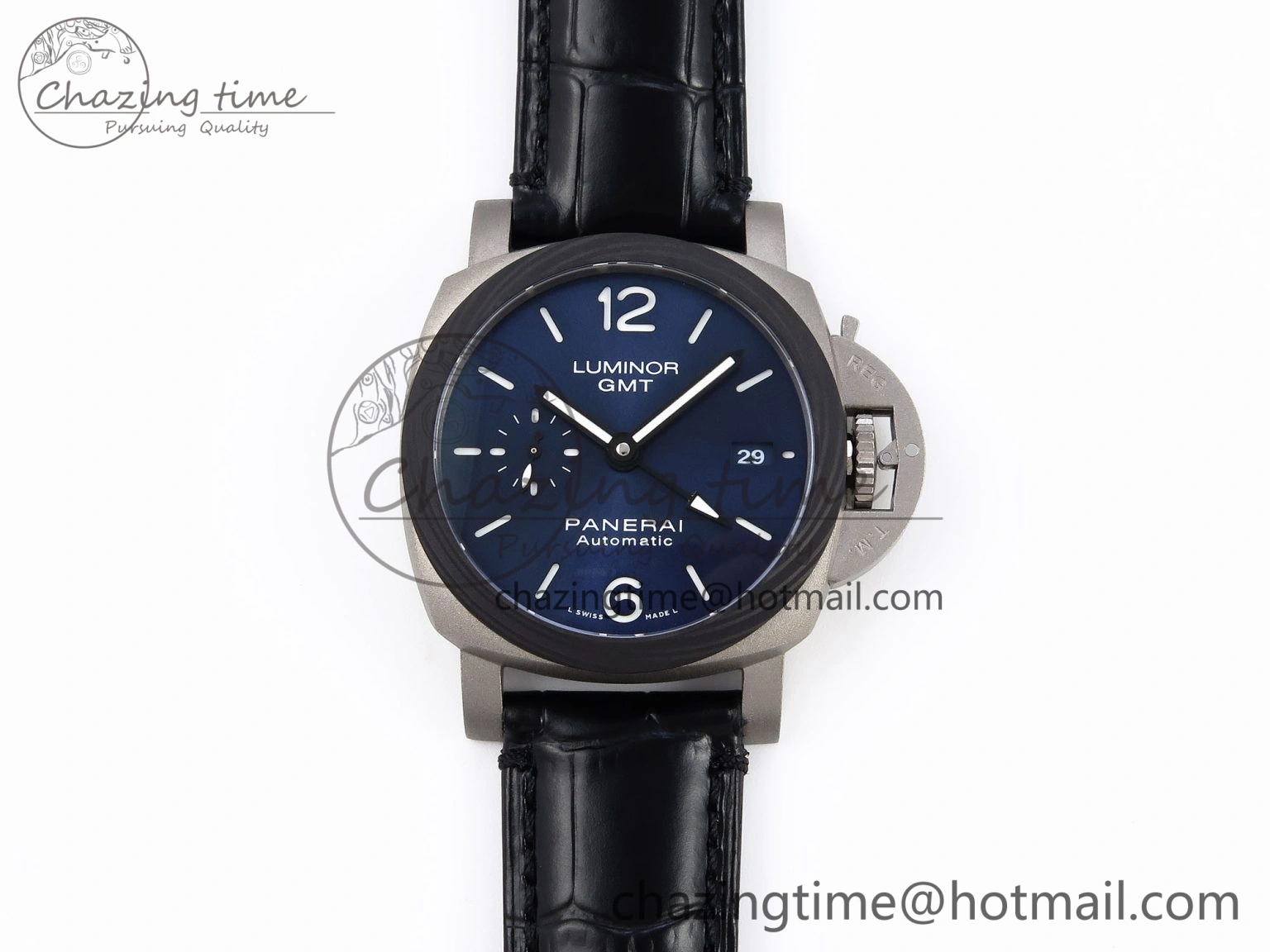PAM1279 X LUMINOR GMT 42MM TITANIUM VSF 1:1 BEST EDITION BLUE DIAL ON BLACK LEATHER STRAP P.9011 SUPER CLONE