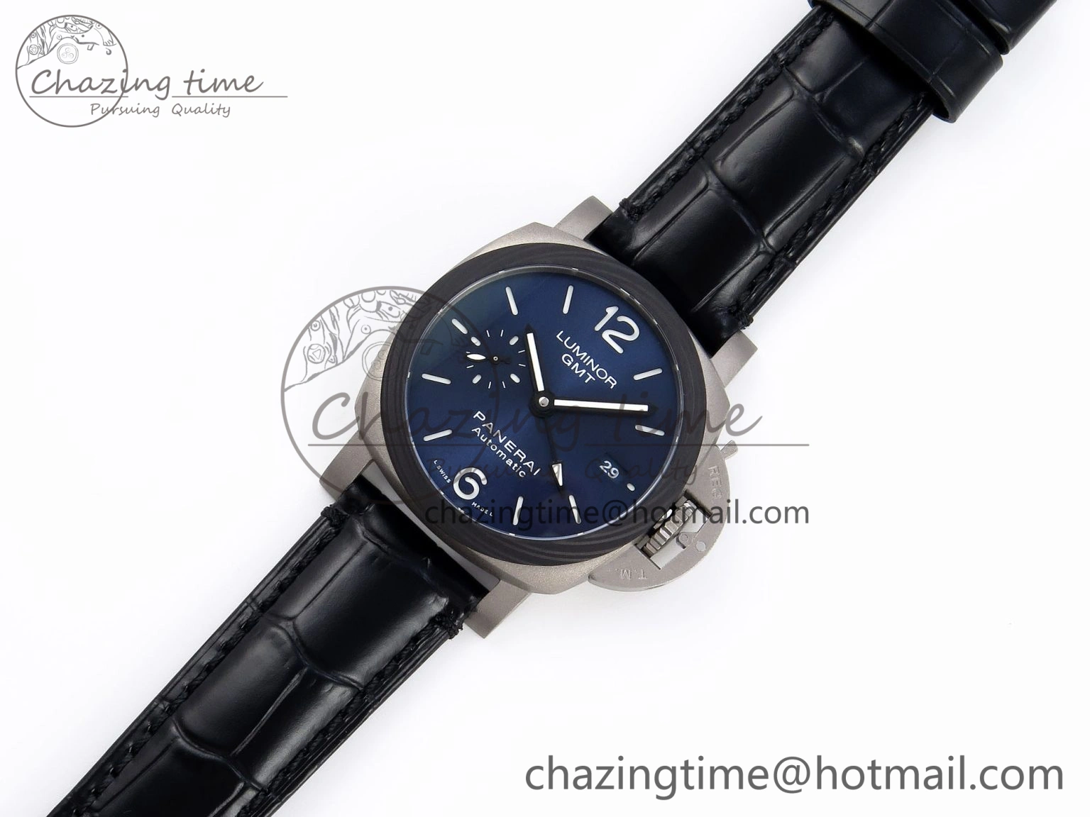 PAM1279 X LUMINOR GMT 42MM TITANIUM VSF 1:1 BEST EDITION BLUE DIAL ON BLACK LEATHER STRAP P.9011 SUPER CLONE