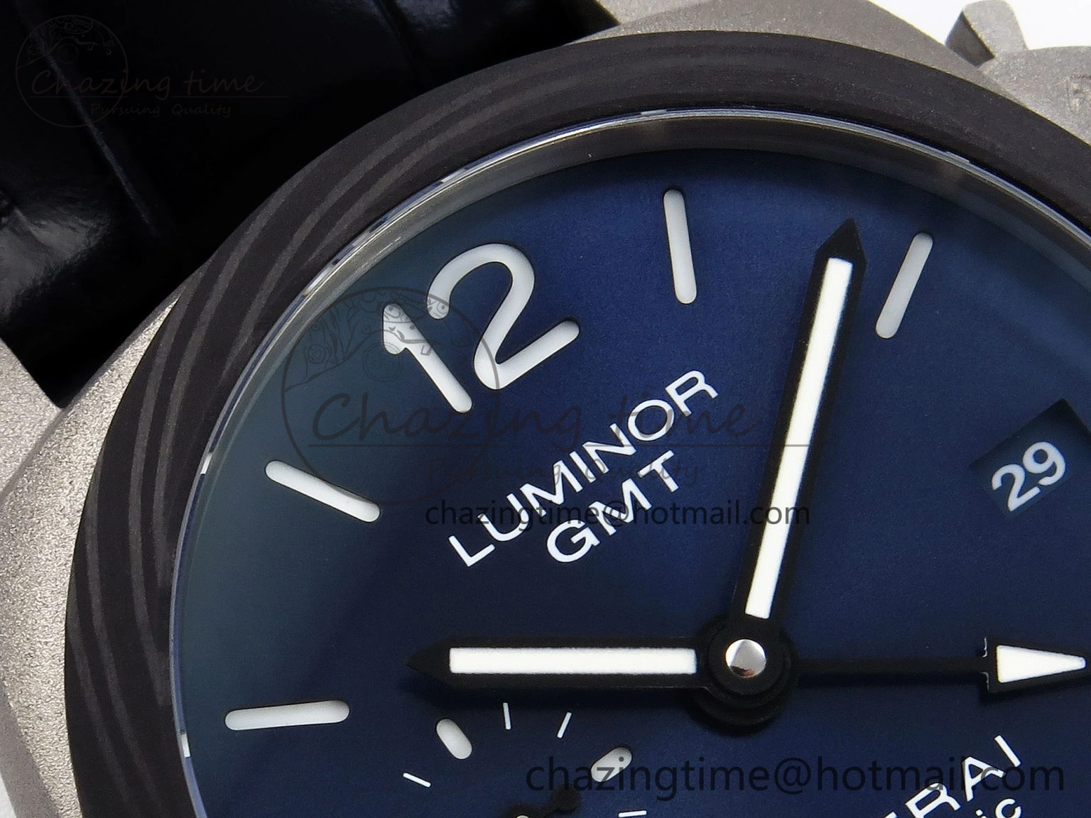 PAM1279 X LUMINOR GMT 42MM TITANIUM VSF 1:1 BEST EDITION BLUE DIAL ON BLACK LEATHER STRAP P.9011 SUPER CLONE