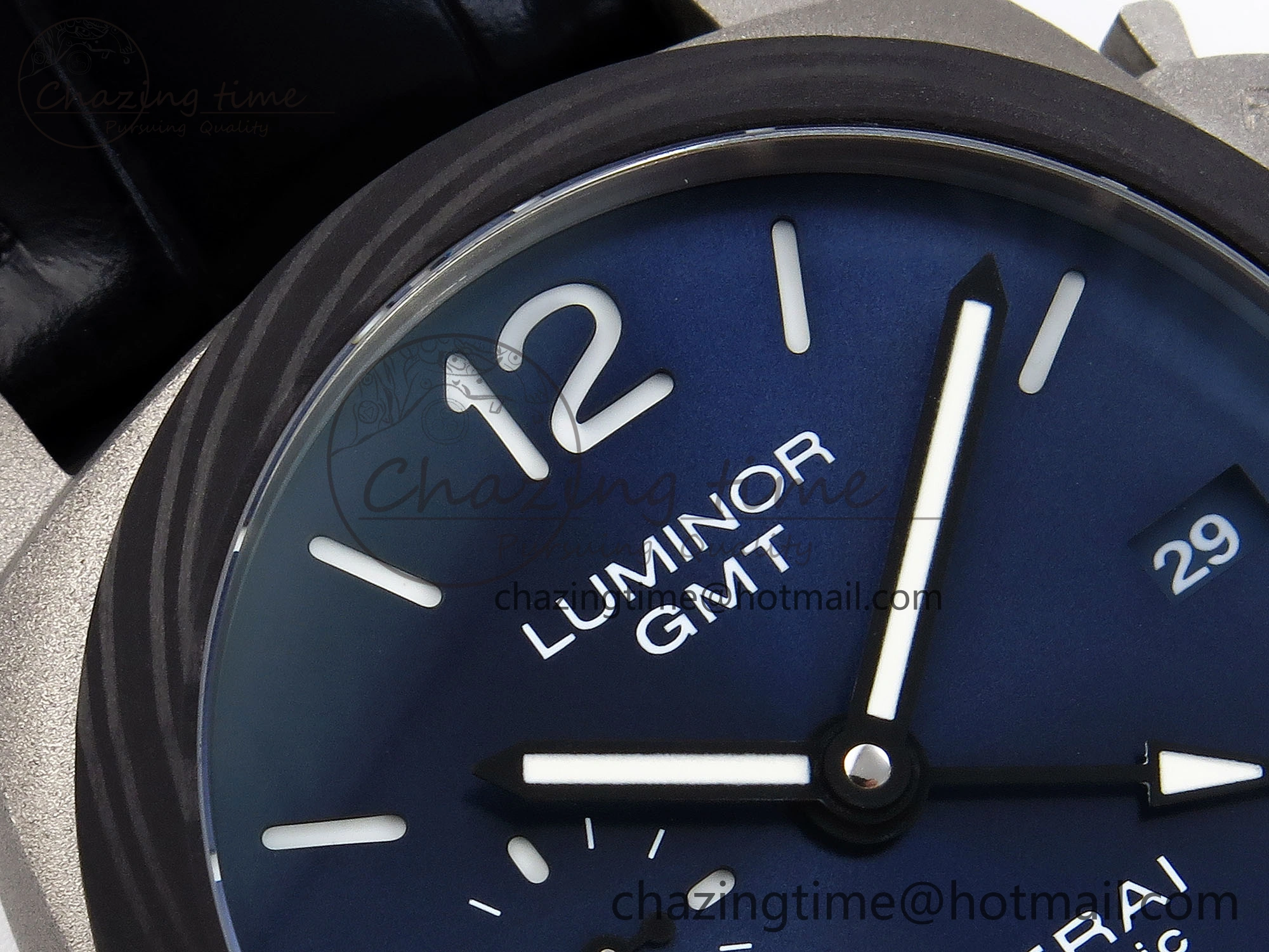 PAM1279 X LUMINOR GMT 42MM TITANIUM VSF 1:1 BEST EDITION BLUE DIAL ON BLACK LEATHER STRAP P.9011 SUPER CLONE