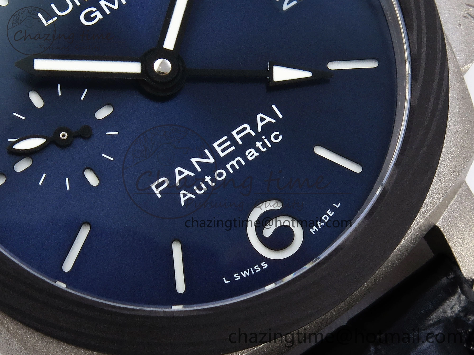 PAM1279 X LUMINOR GMT 42MM TITANIUM VSF 1:1 BEST EDITION BLUE DIAL ON BLACK LEATHER STRAP P.9011 SUPER CLONE