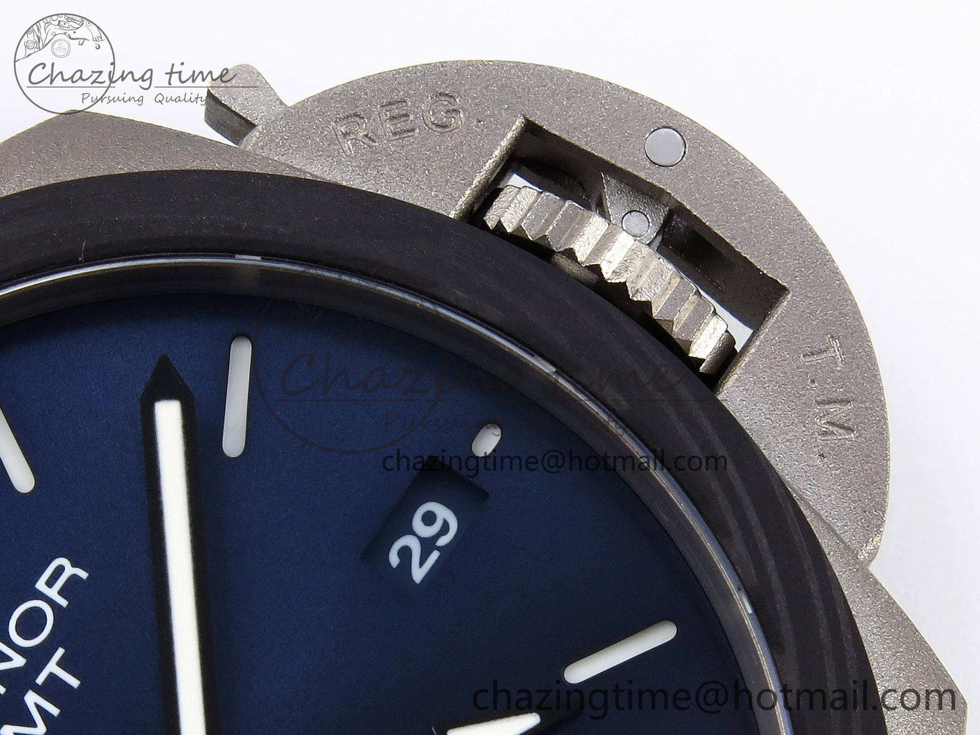 PAM1279 X LUMINOR GMT 42MM TITANIUM VSF 1:1 BEST EDITION BLUE DIAL ON BLACK LEATHER STRAP P.9011 SUPER CLONE