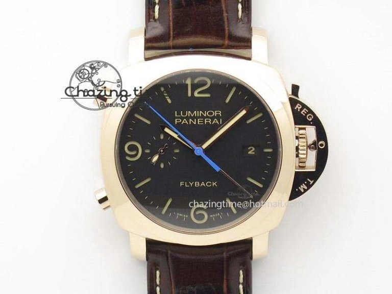 PAM525 Q V6F Fake Flyback Black Dial On Brown Leather Strap P.9100