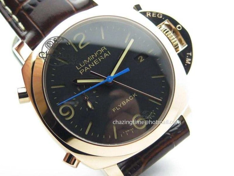 PAM525 Q V6F Fake Flyback Black Dial On Brown Leather Strap P.9100