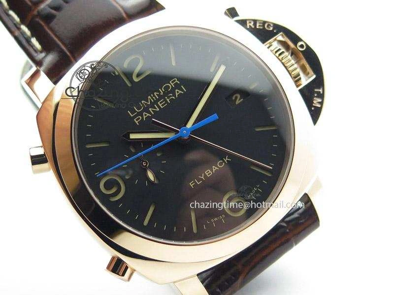 PAM525 Q V6F Fake Flyback Black Dial On Brown Leather Strap P.9100