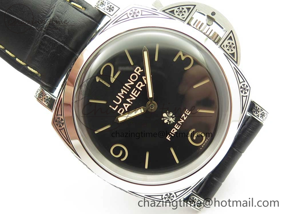 PAM972 Luminor 1950 Firenze 3 Days Engraved Case & Movement V9F Best Edition on Black Leather Strap P.3000 Super Clone