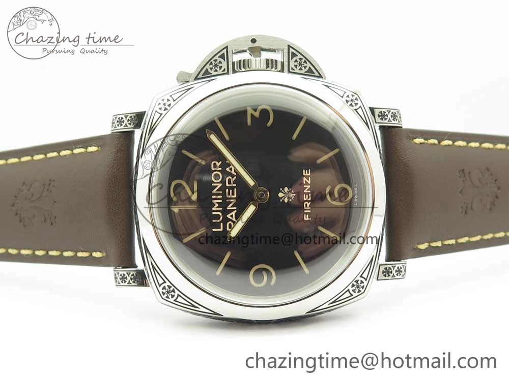 PAM972 Luminor 1950 Firenze 3 Days Engraved Case & Movement V9F Best Edition on Brown Leather Strap P.3000 Super Clone