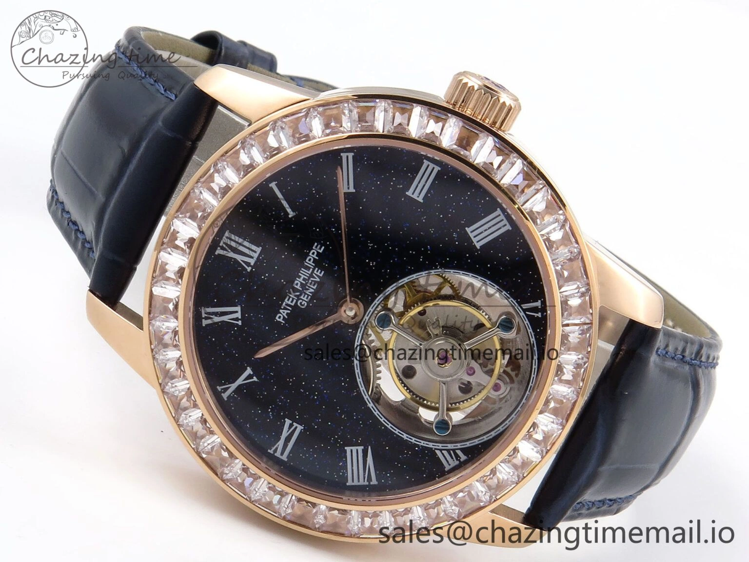 PP Tourbillon RG Diamonds Bezel RMSF Edition Black Starry Dial on Blue Leather Strap