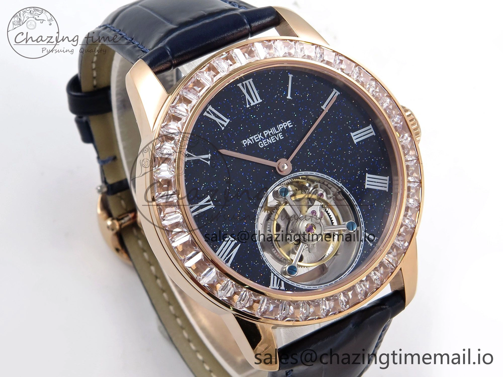 PP Tourbillon RG Diamonds Bezel RMSF Edition Black Starry Dial on Blue Leather Strap