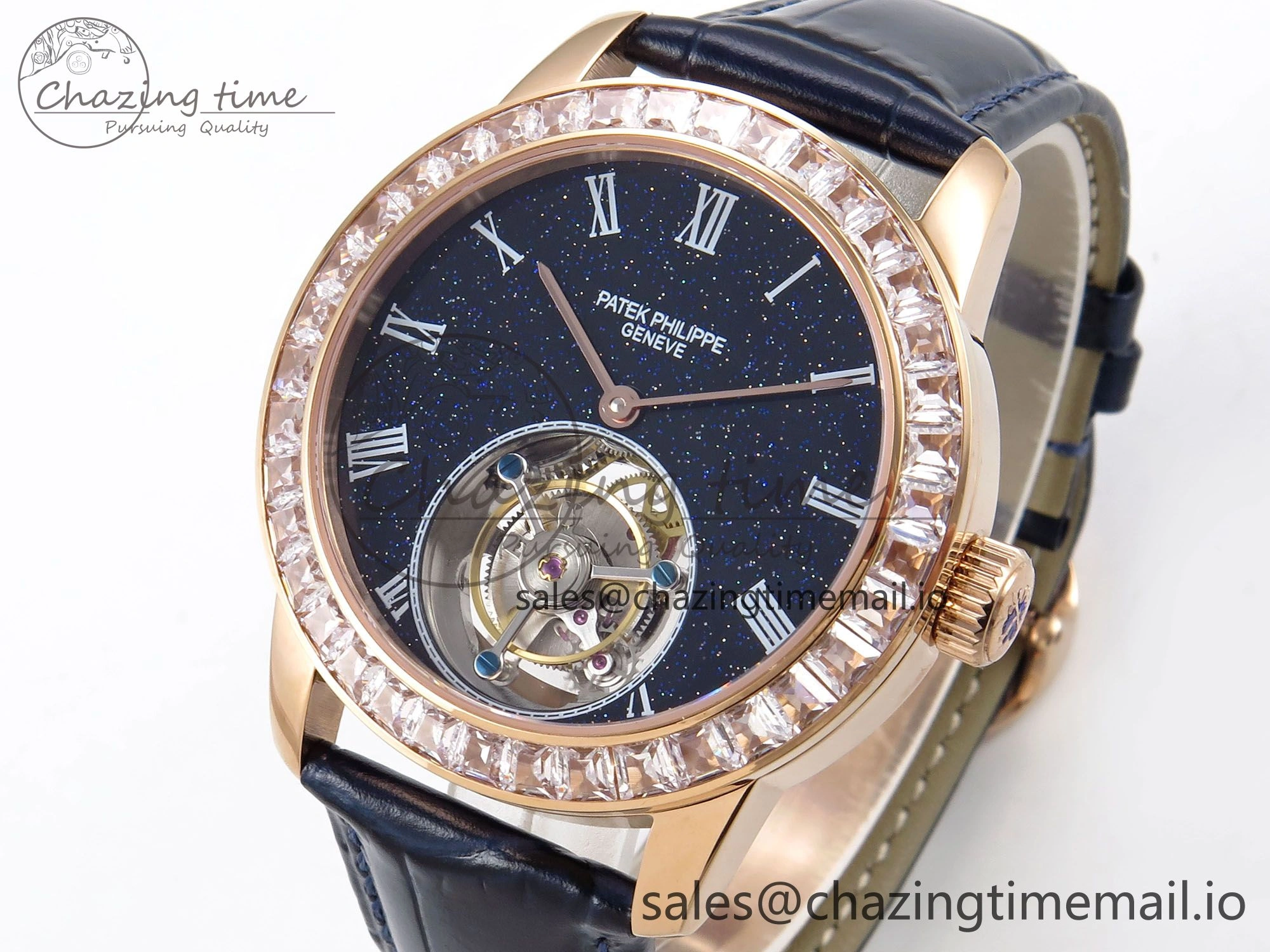 PP Tourbillon RG Diamonds Bezel RMSF Edition Black Starry Dial on Blue Leather Strap